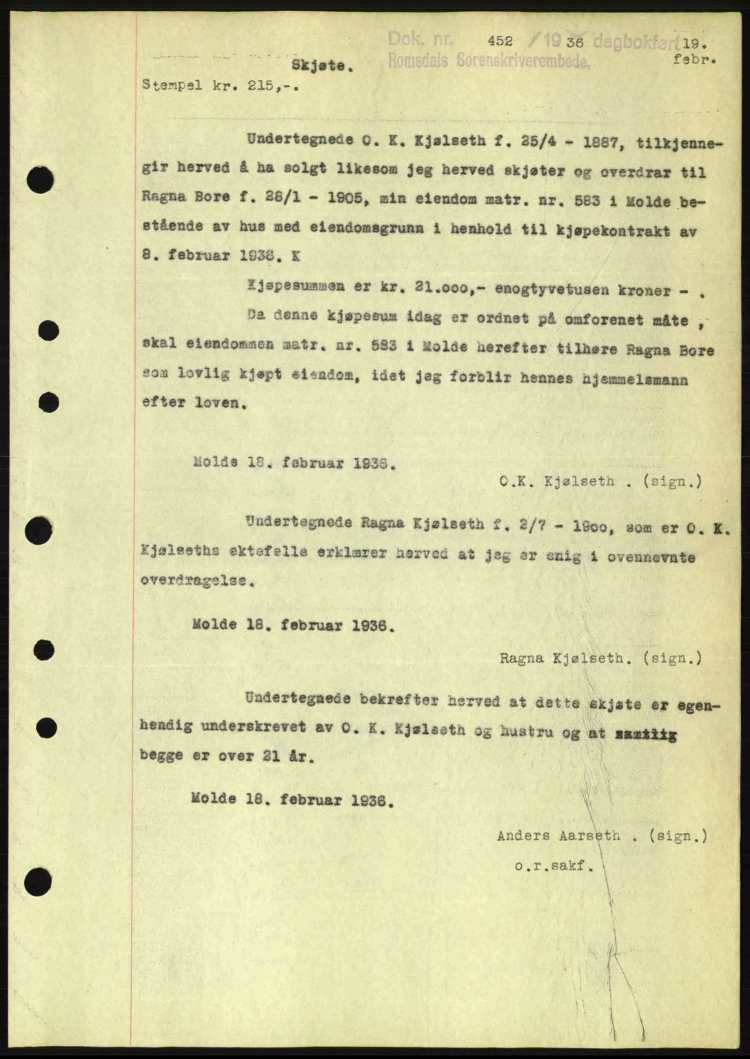 Romsdal sorenskriveri, SAT/A-4149/1/2/2C: Pantebok nr. A1, 1936-1936, Dagboknr: 452/1936