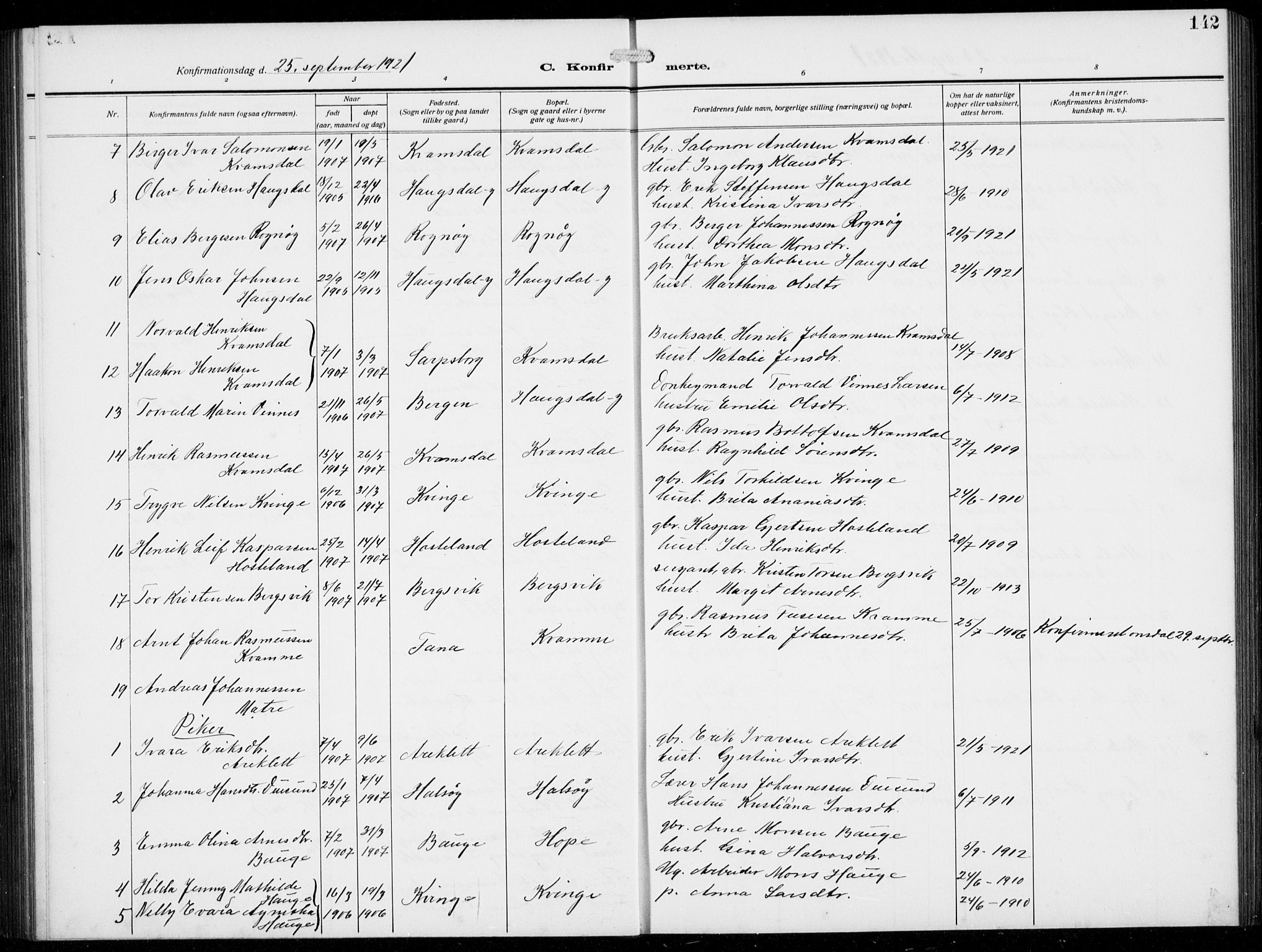 Masfjorden sokneprestembete, AV/SAB-A-77001: Klokkerbok nr. B  2, 1912-1939, s. 142