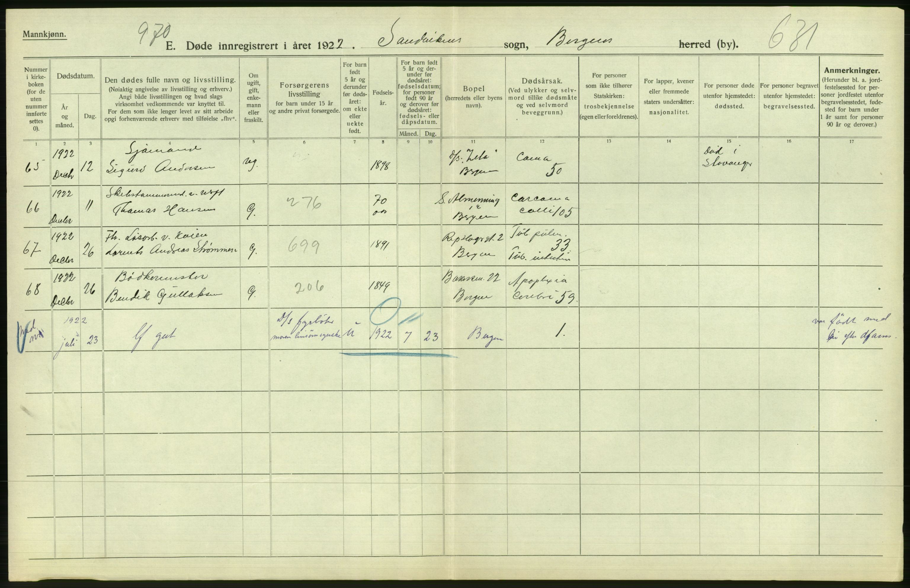 Statistisk sentralbyrå, Sosiodemografiske emner, Befolkning, AV/RA-S-2228/D/Df/Dfc/Dfcb/L0030: Bergen: Gifte, døde, dødfødte., 1922, s. 540