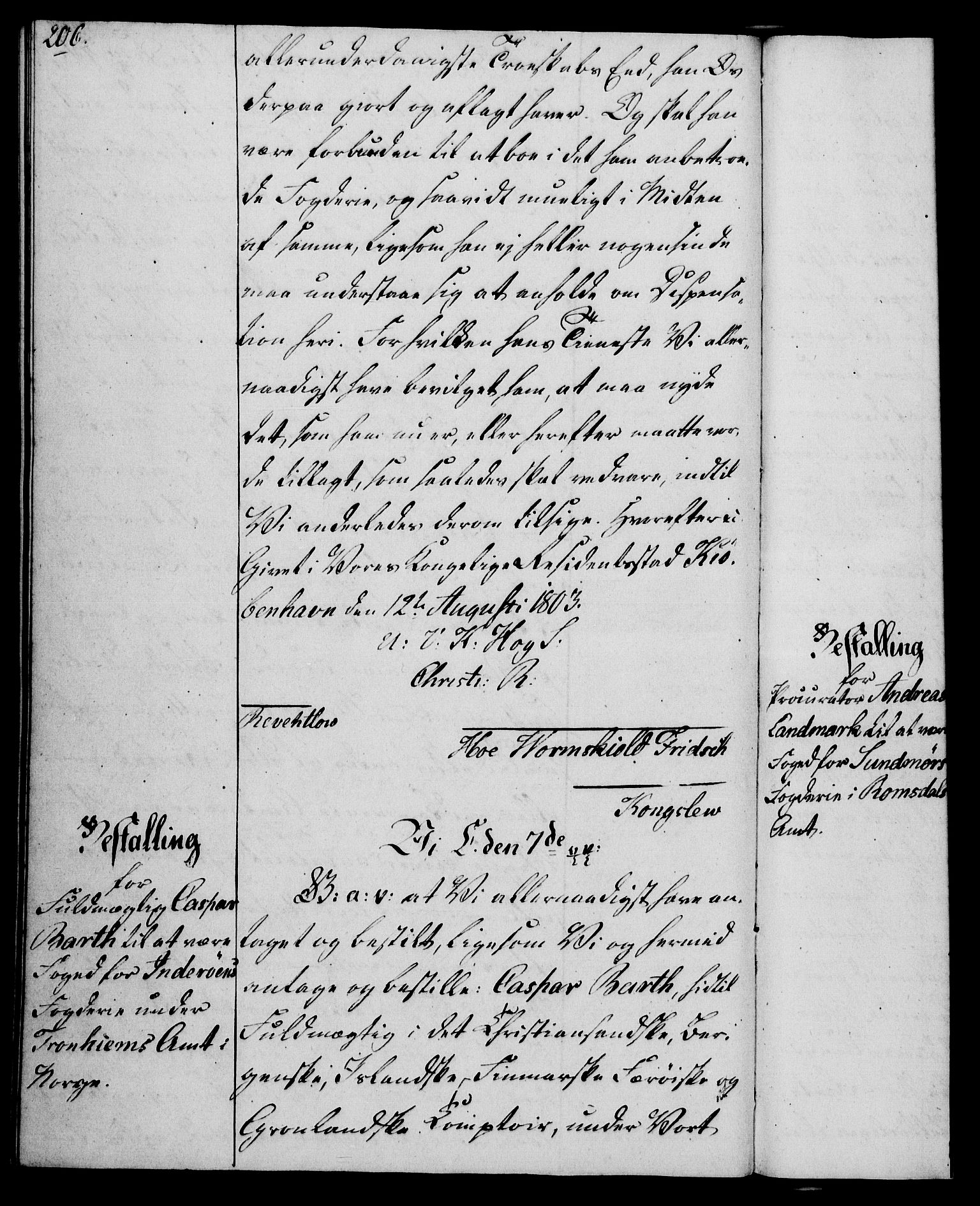 Rentekammeret, Kammerkanselliet, RA/EA-3111/G/Gg/Gge/L0006: Norsk bestallingsprotokoll med register (merket RK 53.30), 1773-1814, s. 206
