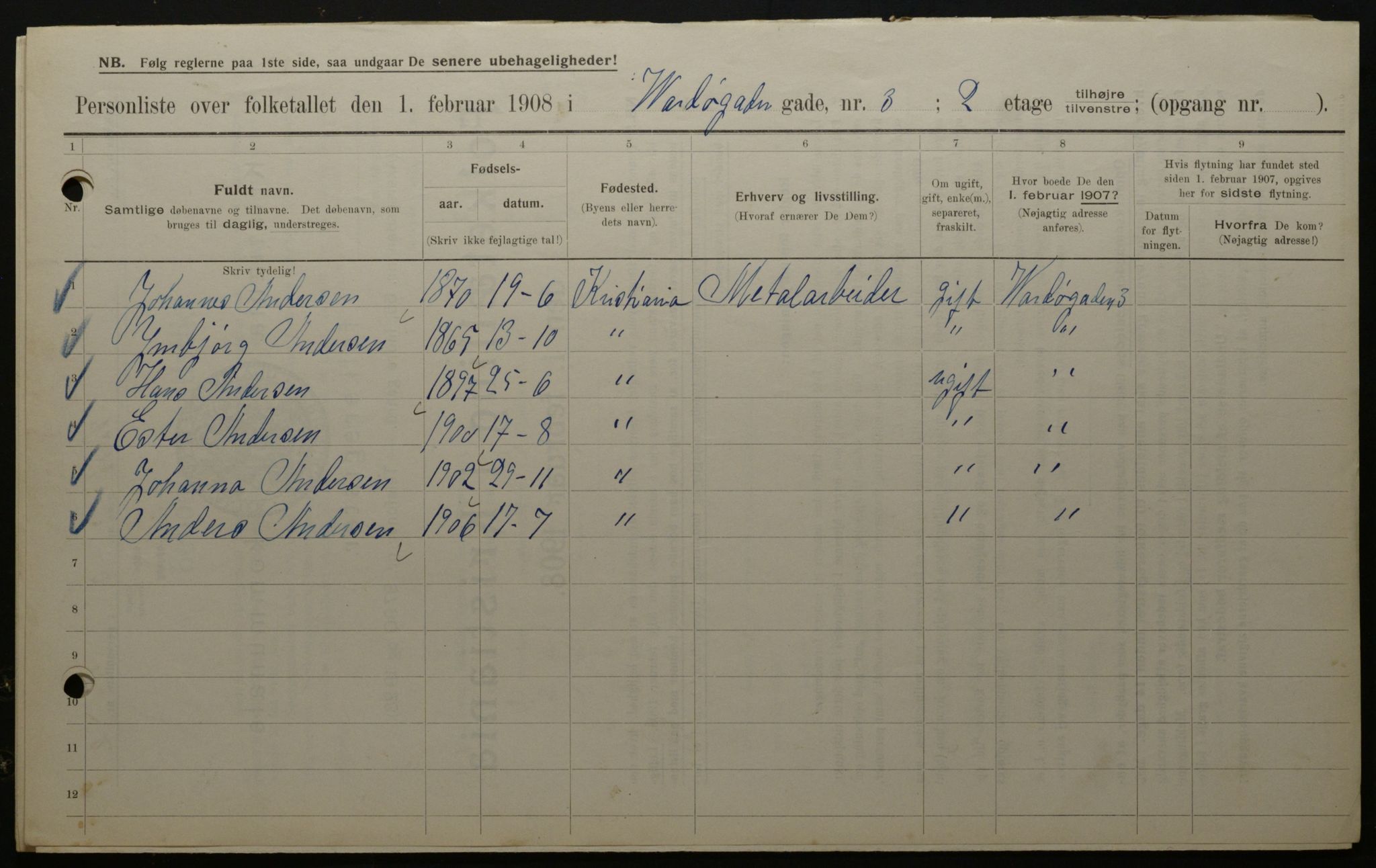 OBA, Kommunal folketelling 1.2.1908 for Kristiania kjøpstad, 1908, s. 109401