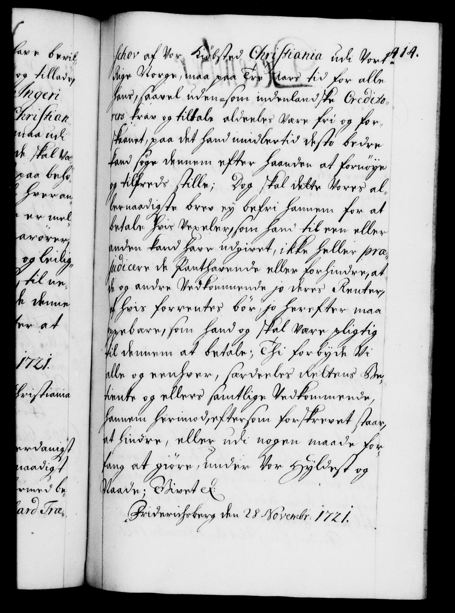 Danske Kanselli 1572-1799, AV/RA-EA-3023/F/Fc/Fca/Fcaa/L0023: Norske registre, 1720-1722, s. 414a