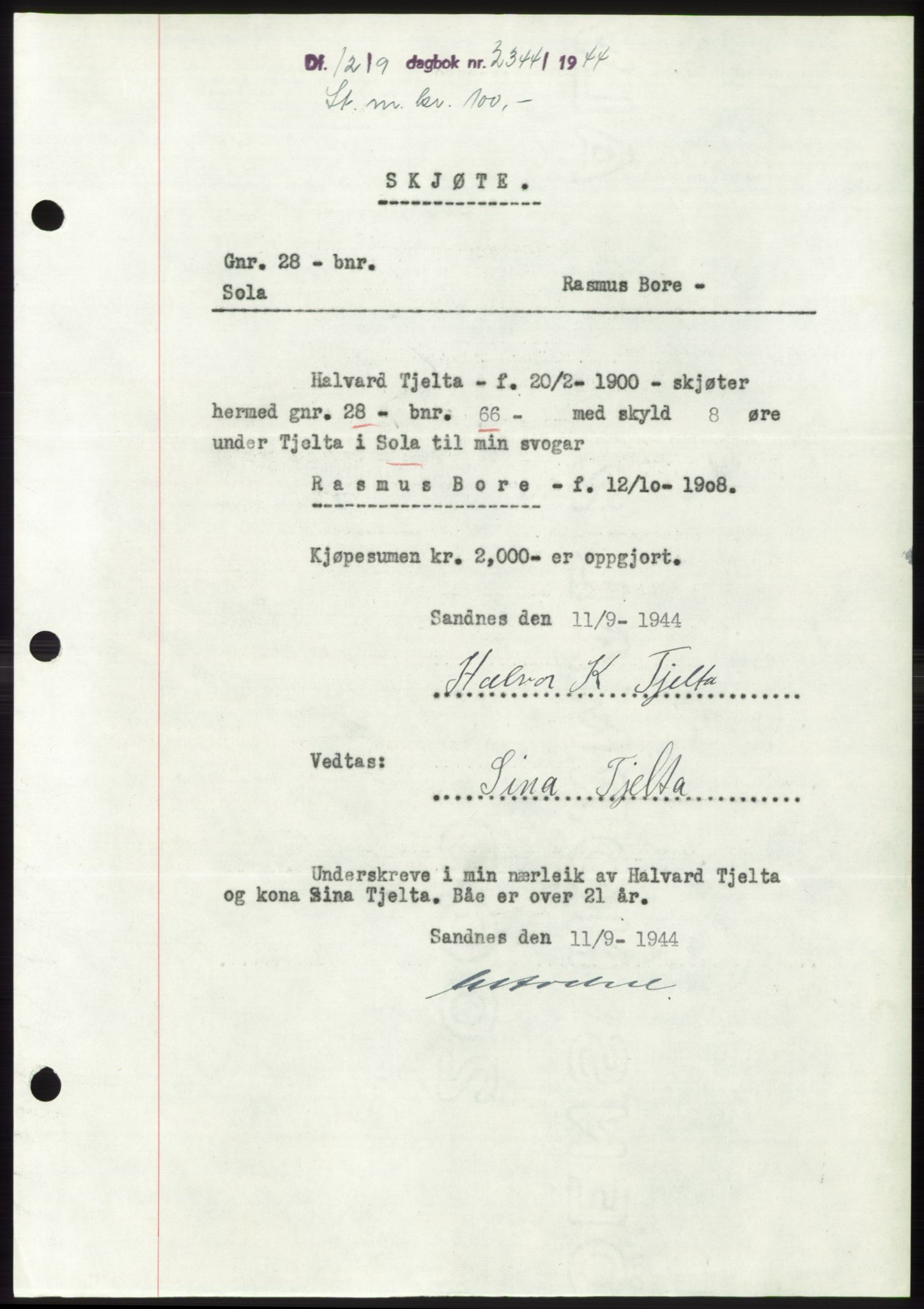 Jæren sorenskriveri, SAST/A-100310/03/G/Gba/L0087: Pantebok, 1944-1945, Dagboknr: 2344/1944