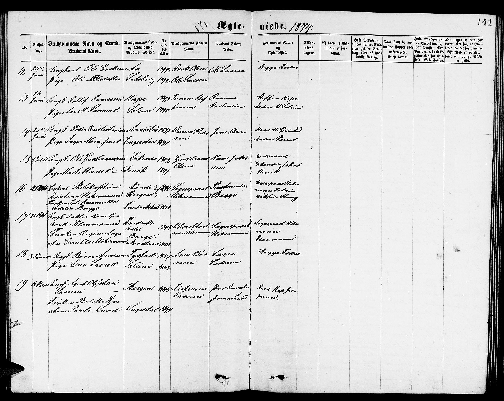 Gloppen sokneprestembete, AV/SAB-A-80101/H/Hab/Habb/L0001: Klokkerbok nr. B 1, 1872-1888, s. 141
