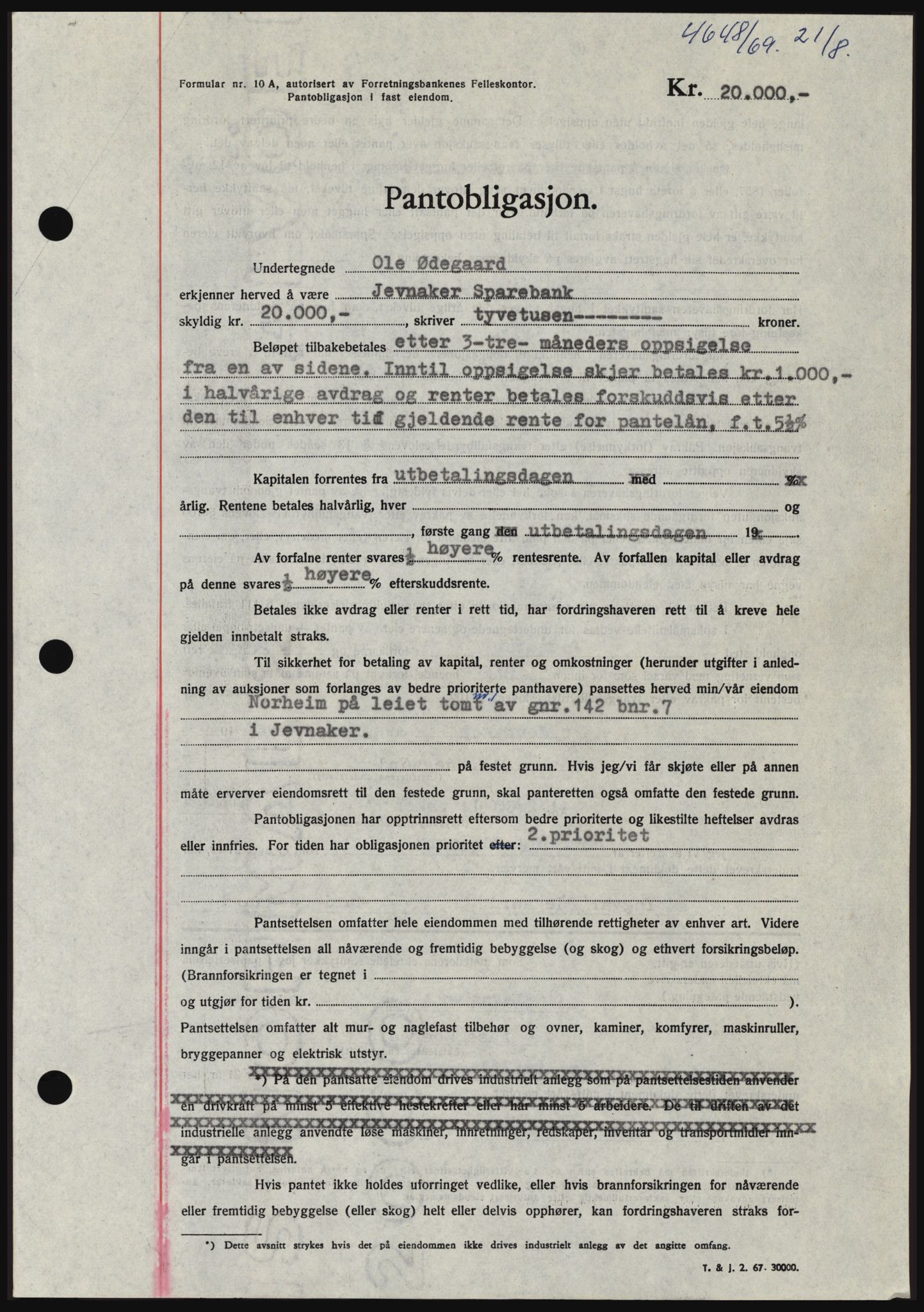 Hadeland og Land tingrett, SAH/TING-010/H/Hb/Hbc/L0074: Pantebok nr. B74, 1969-1969, Dagboknr: 4648/1969