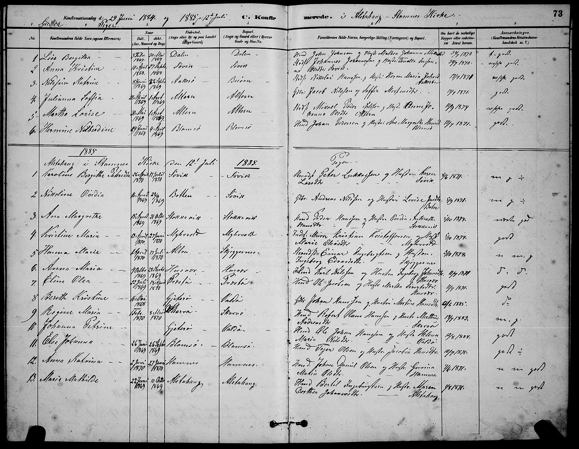 Ministerialprotokoller, klokkerbøker og fødselsregistre - Nordland, AV/SAT-A-1459/830/L0462: Klokkerbok nr. 830C04, 1882-1895, s. 73