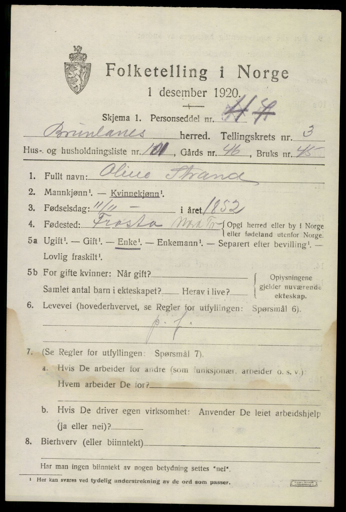 SAKO, Folketelling 1920 for 0726 Brunlanes herred, 1920, s. 6061