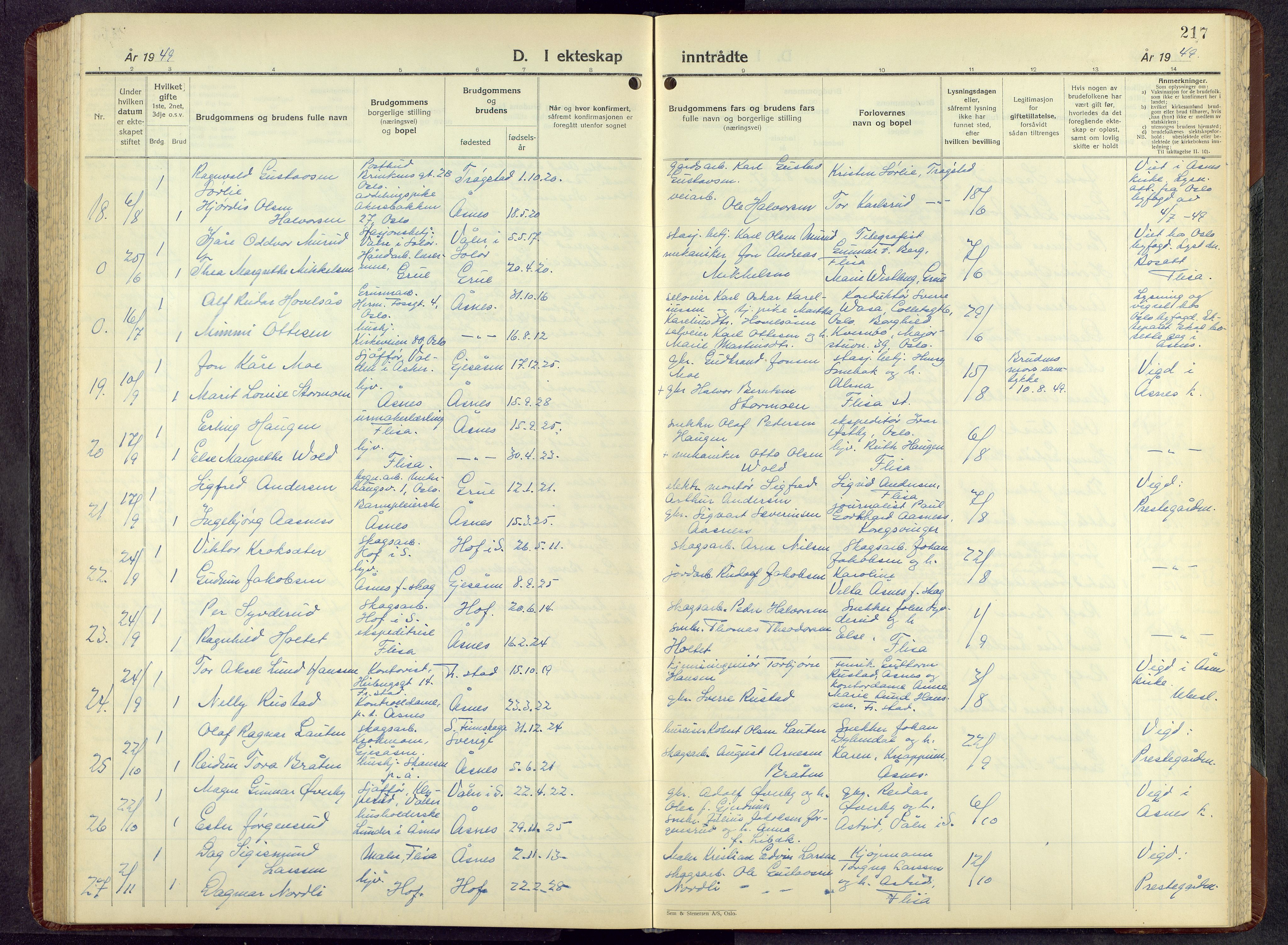 Åsnes prestekontor, AV/SAH-PREST-042/H/Ha/Hab/L0010: Klokkerbok nr. 10, 1941-1962, s. 217