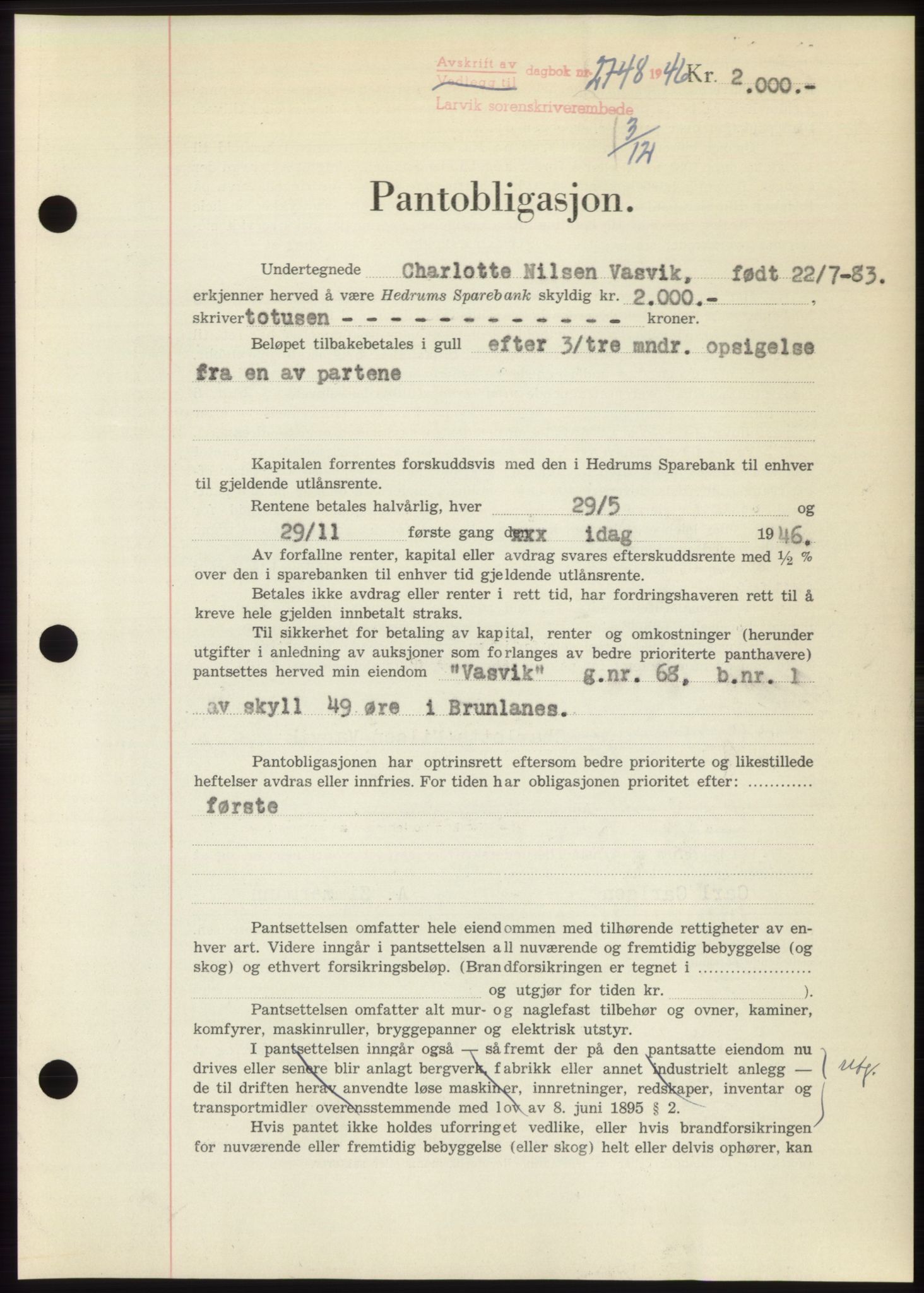 Larvik sorenskriveri, AV/SAKO-A-83/G/Ga/Gac/L0011: Pantebok nr. B-11, 1946-1947, Dagboknr: 2748/1946