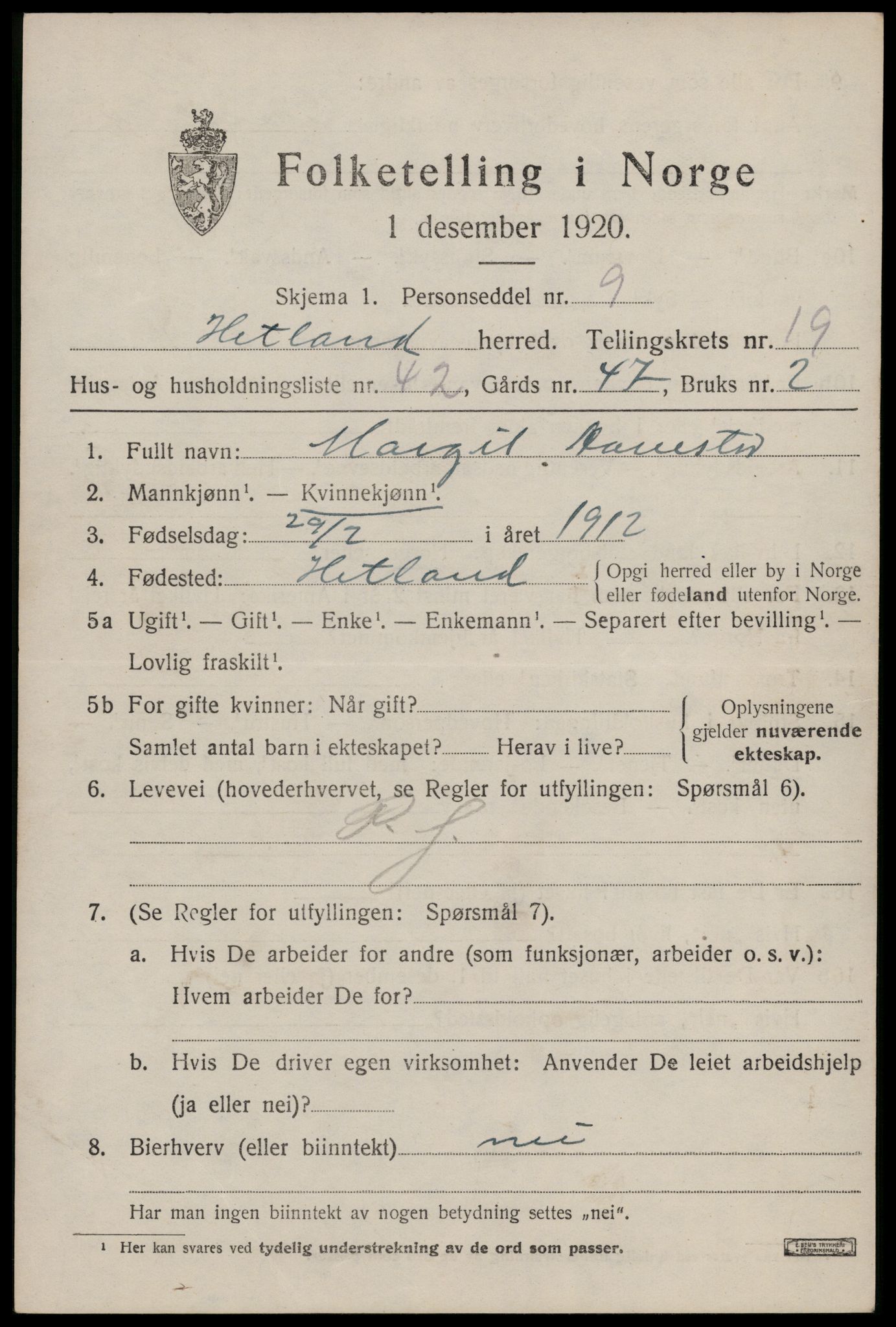 SAST, Folketelling 1920 for 1126 Hetland herred, 1920, s. 26121