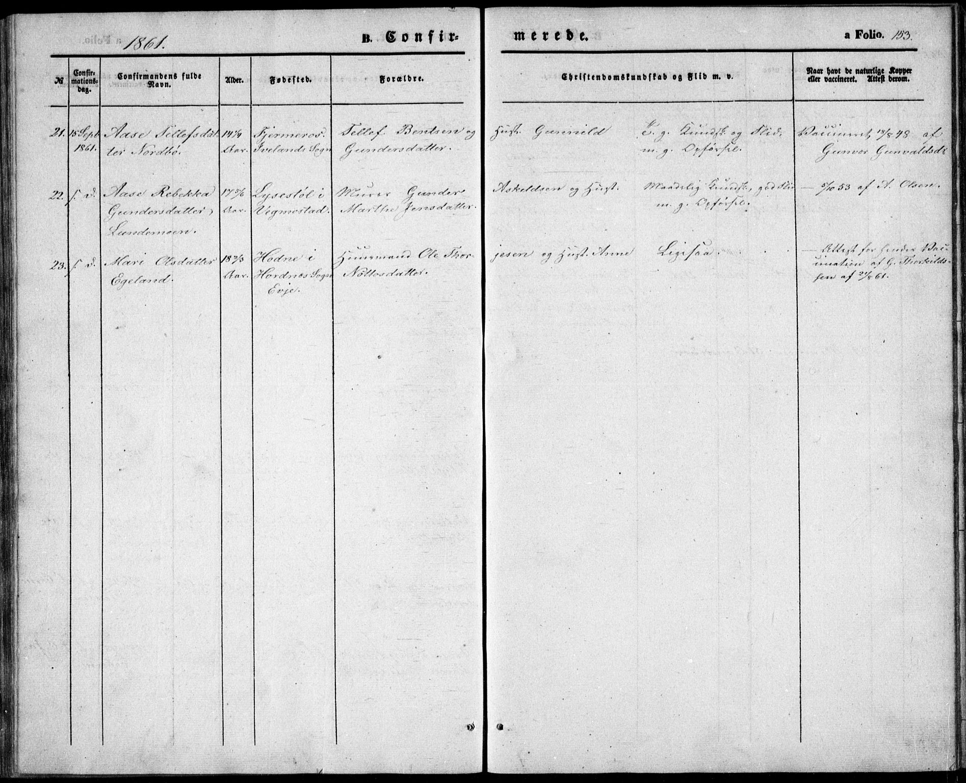 Vestre Moland sokneprestkontor, SAK/1111-0046/F/Fb/Fbb/L0003: Klokkerbok nr. B 3, 1851-1861, s. 153