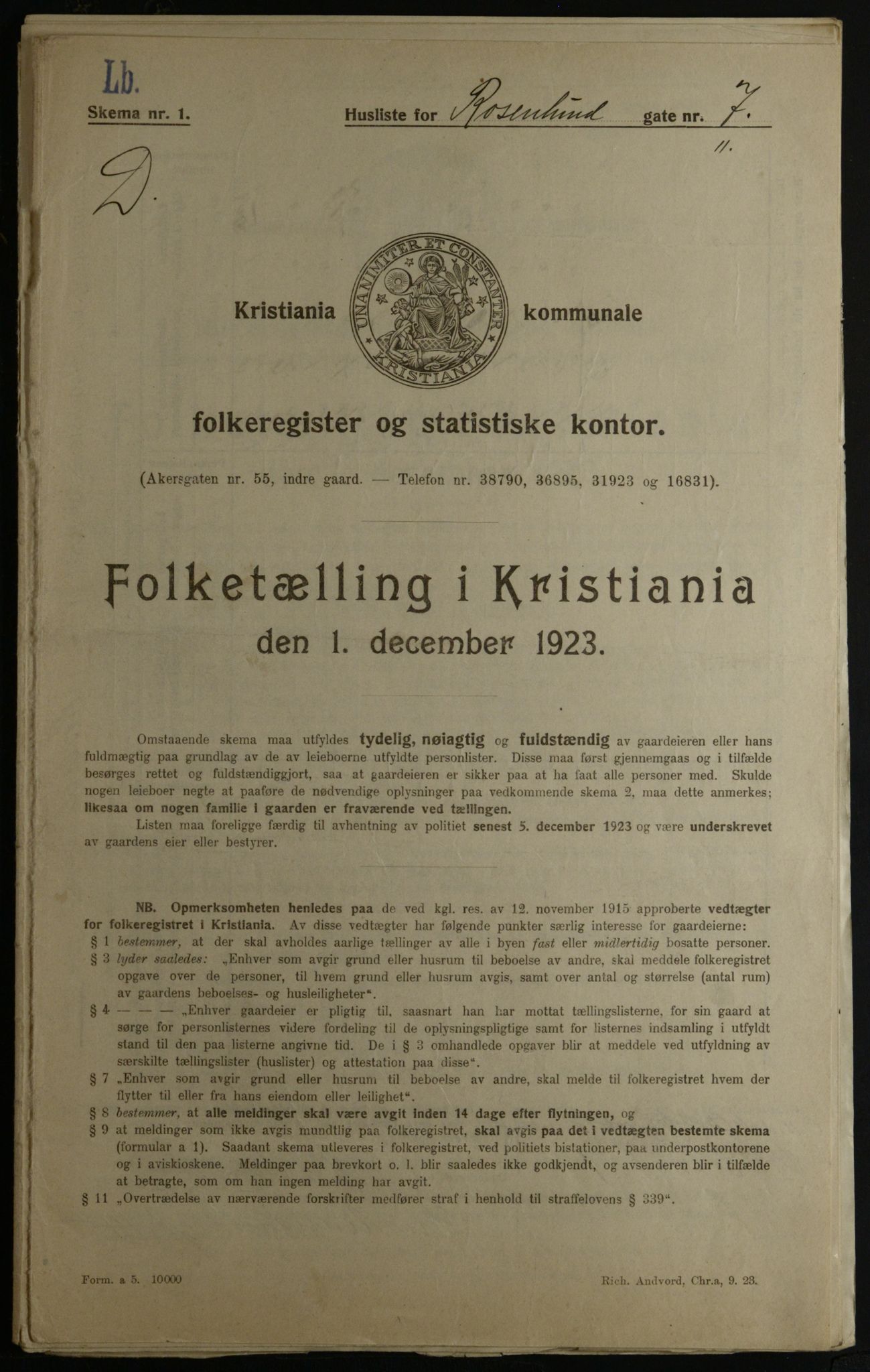 OBA, Kommunal folketelling 1.12.1923 for Kristiania, 1923, s. 92861