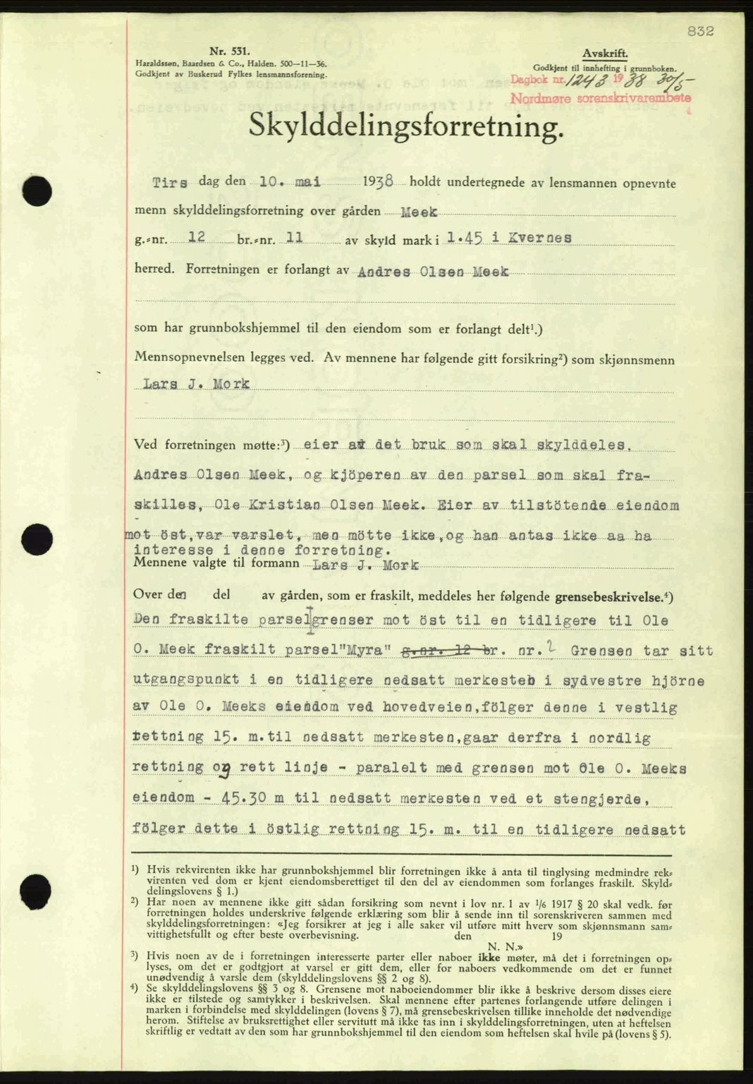 Nordmøre sorenskriveri, AV/SAT-A-4132/1/2/2Ca: Pantebok nr. A83, 1938-1938, Dagboknr: 1243/1938