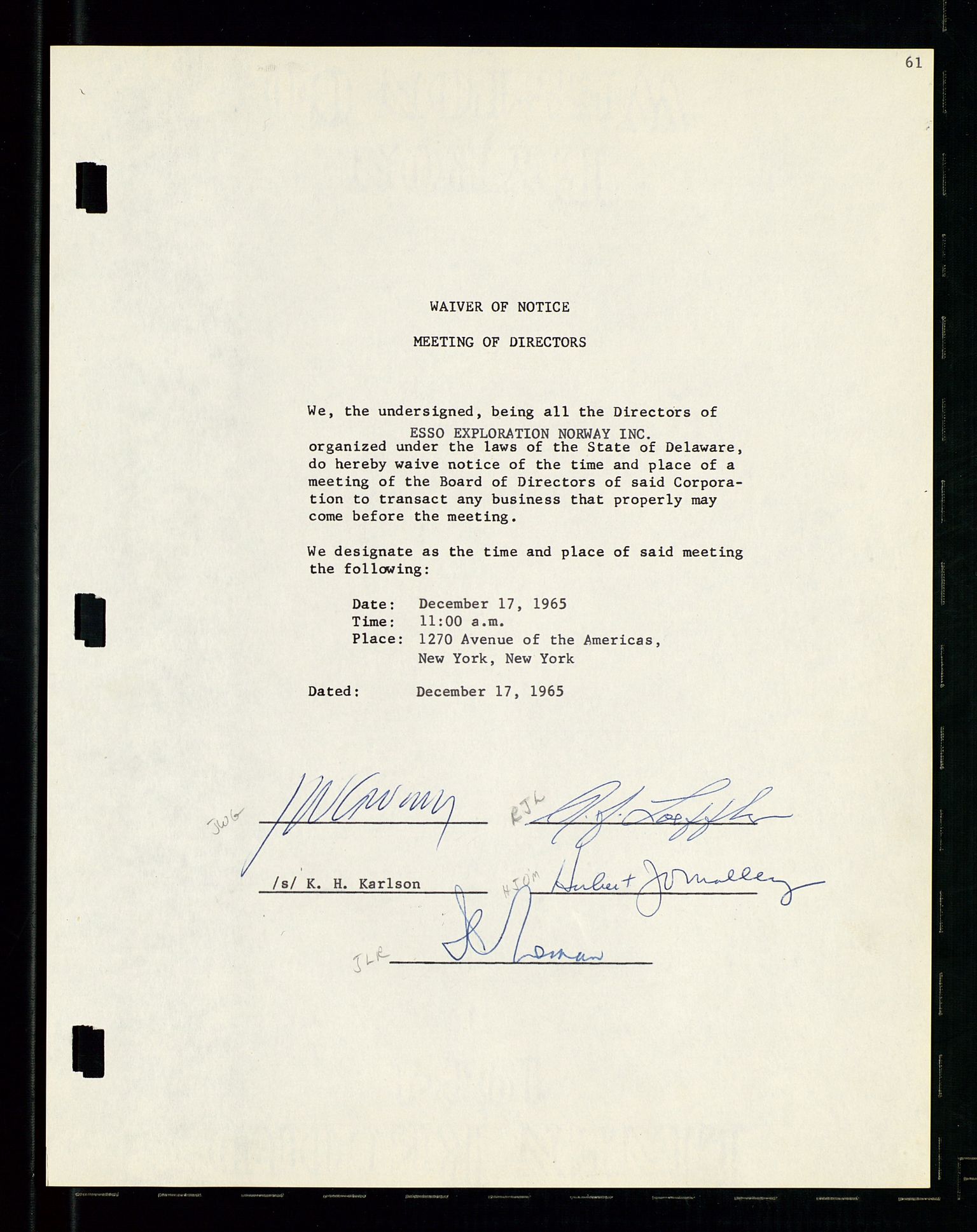 Pa 1512 - Esso Exploration and Production Norway Inc., SAST/A-101917/A/Aa/L0001/0001: Styredokumenter / Corporate records, By-Laws, Board meeting minutes, Incorporations, 1965-1975, s. 61