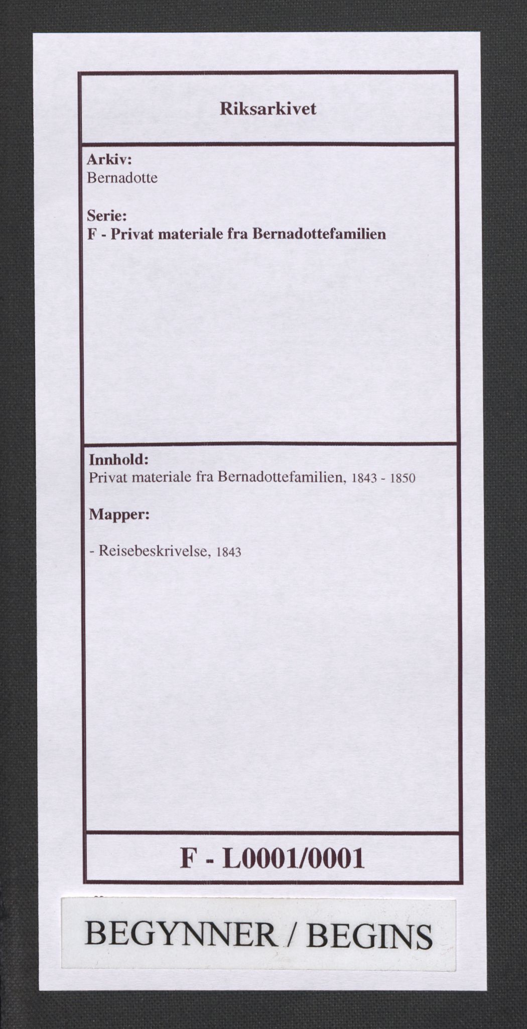 Bernadotte, RA/PA-0318/F/L0001/0001: Privat materiale fra Bernadottefamilien / Reisebeskrivelse, 1843, s. 1