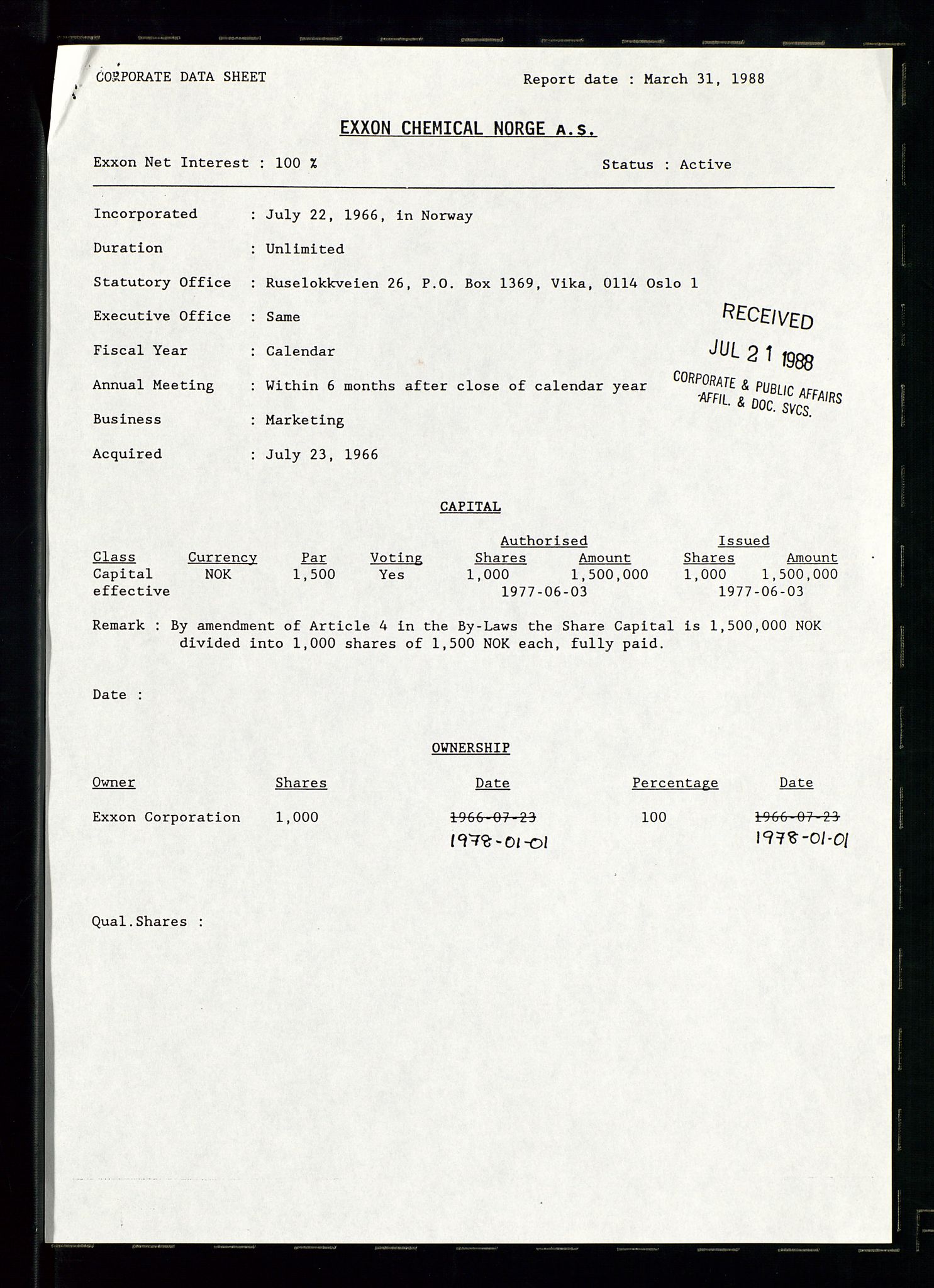 PA 1538 - Exxon Chemical Norge A/S, AV/SAST-A-101958/A/Aa/L0002/0001: Styredokumenter / Halvårsrapporter 1983-1984, Generalforsamling, Styremøter og halvårsrapporter 1985-1988, 1983-1988