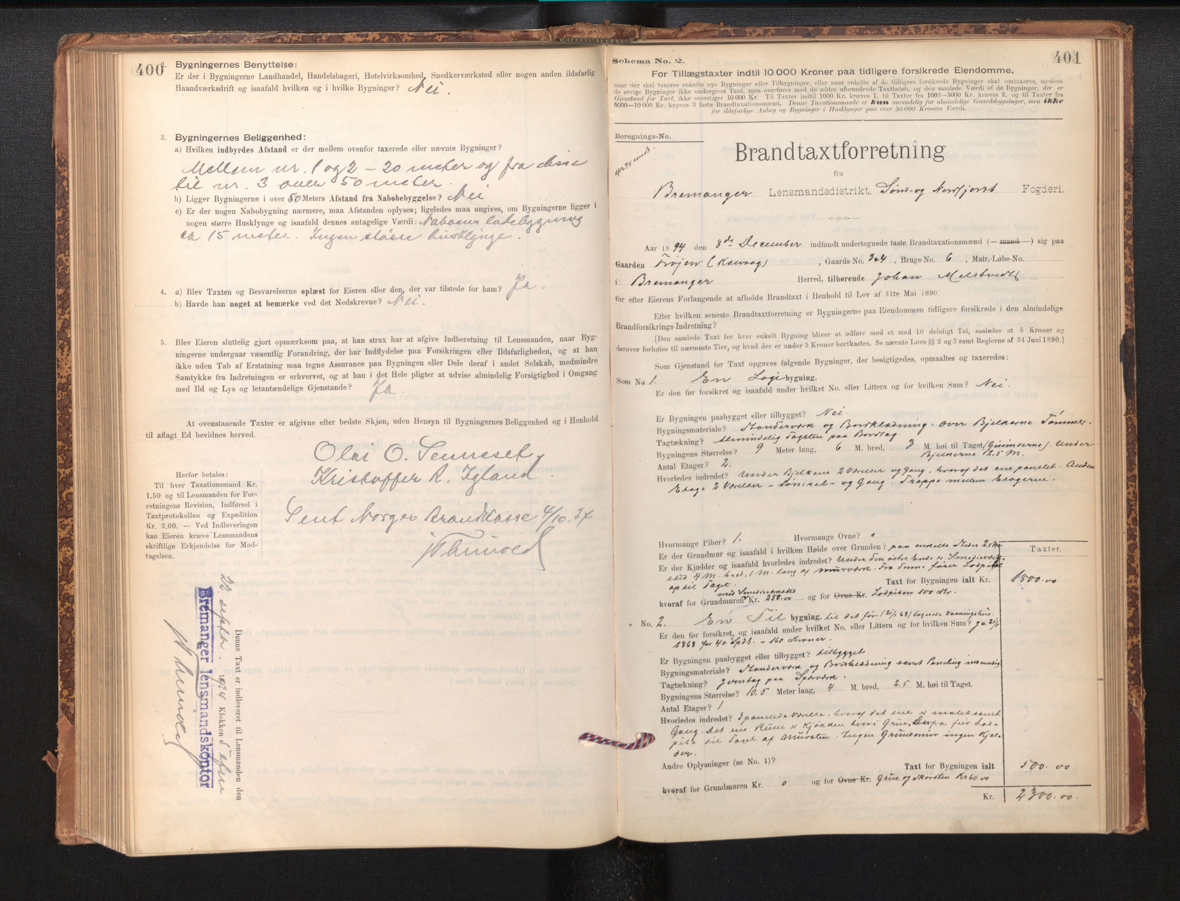 Lensmannen i Bremanger, SAB/A-26701/0012/L0007: Branntakstprotokoll, skjematakst, 1895-1936, s. 400-401