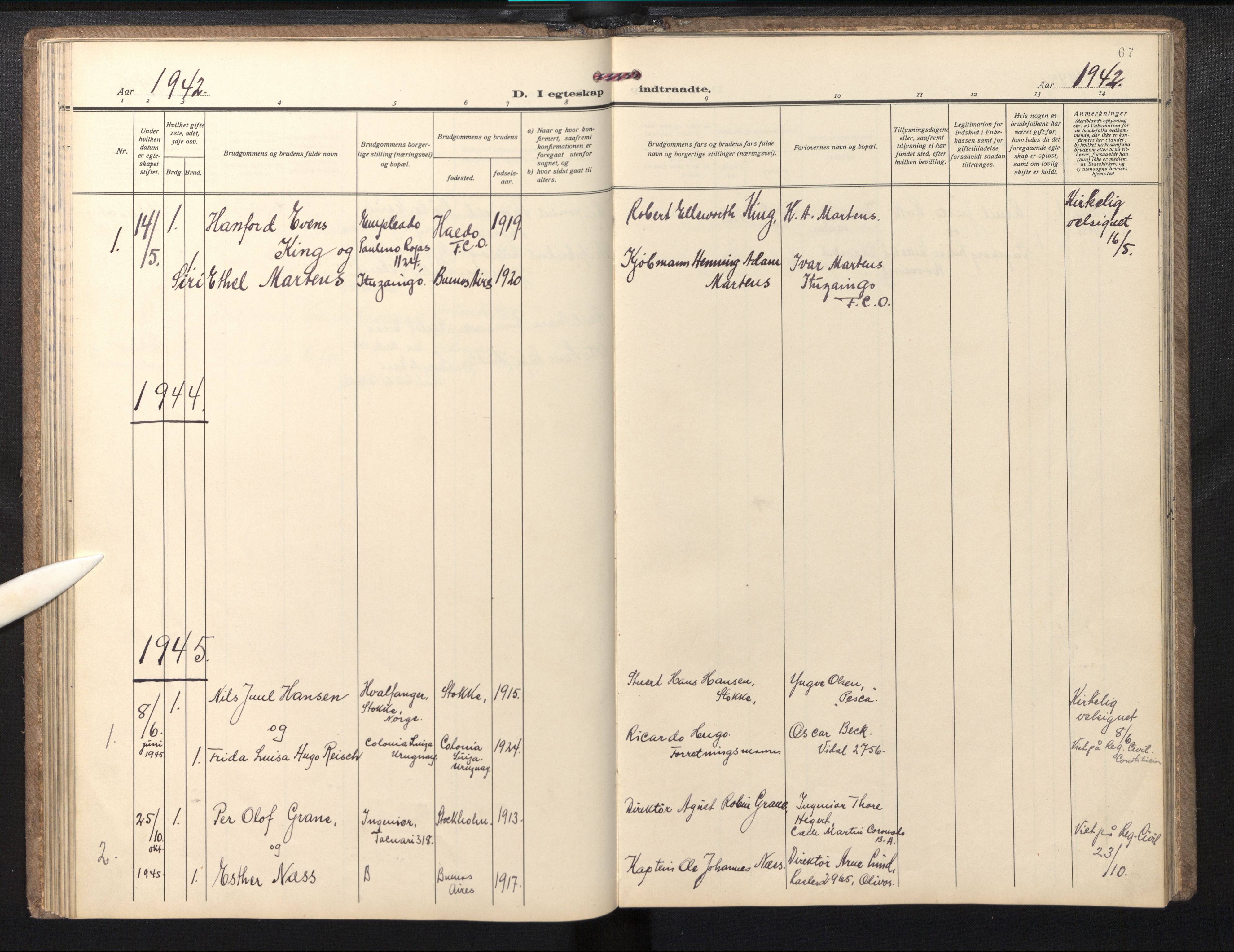 Den norske sjømannsmisjon i utlandet/Syd-Amerika (Buenos Aires m.fl.), SAB/SAB/PA-0118/H/Ha/L0004: Ministerialbok nr. A 4, 1938-1978, s. 66b-67a