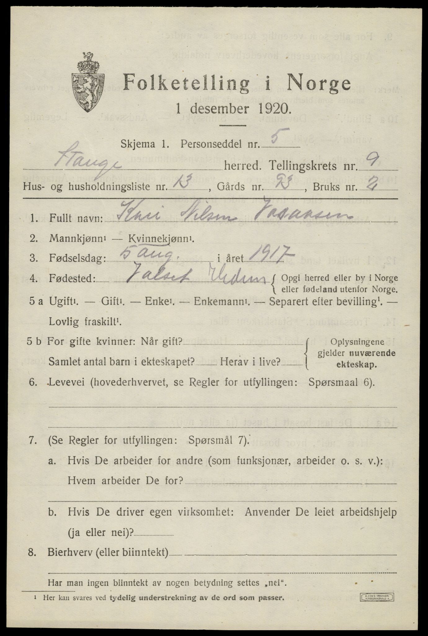 SAH, Folketelling 1920 for 0417 Stange herred, 1920, s. 14755