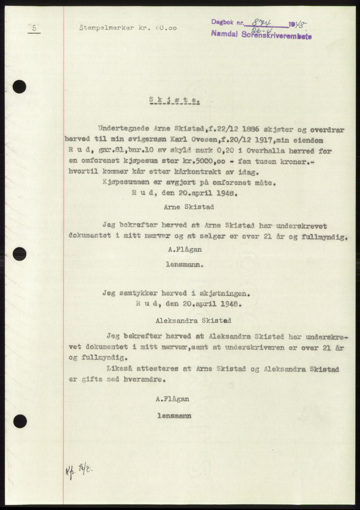 Namdal sorenskriveri, SAT/A-4133/1/2/2C: Pantebok nr. -, 1947-1948, Dagboknr: 874/1948