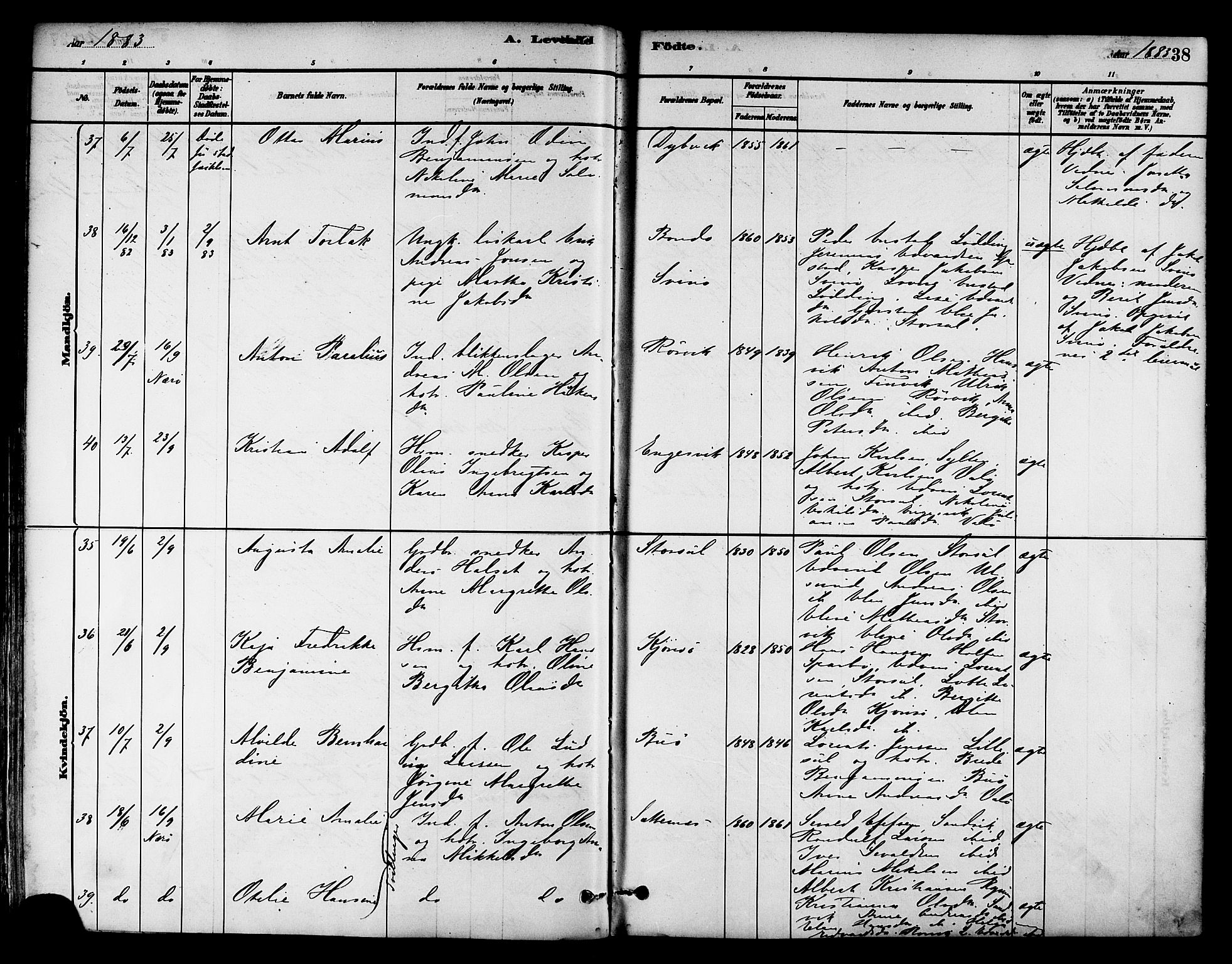 Ministerialprotokoller, klokkerbøker og fødselsregistre - Nord-Trøndelag, AV/SAT-A-1458/786/L0686: Ministerialbok nr. 786A02, 1880-1887, s. 38