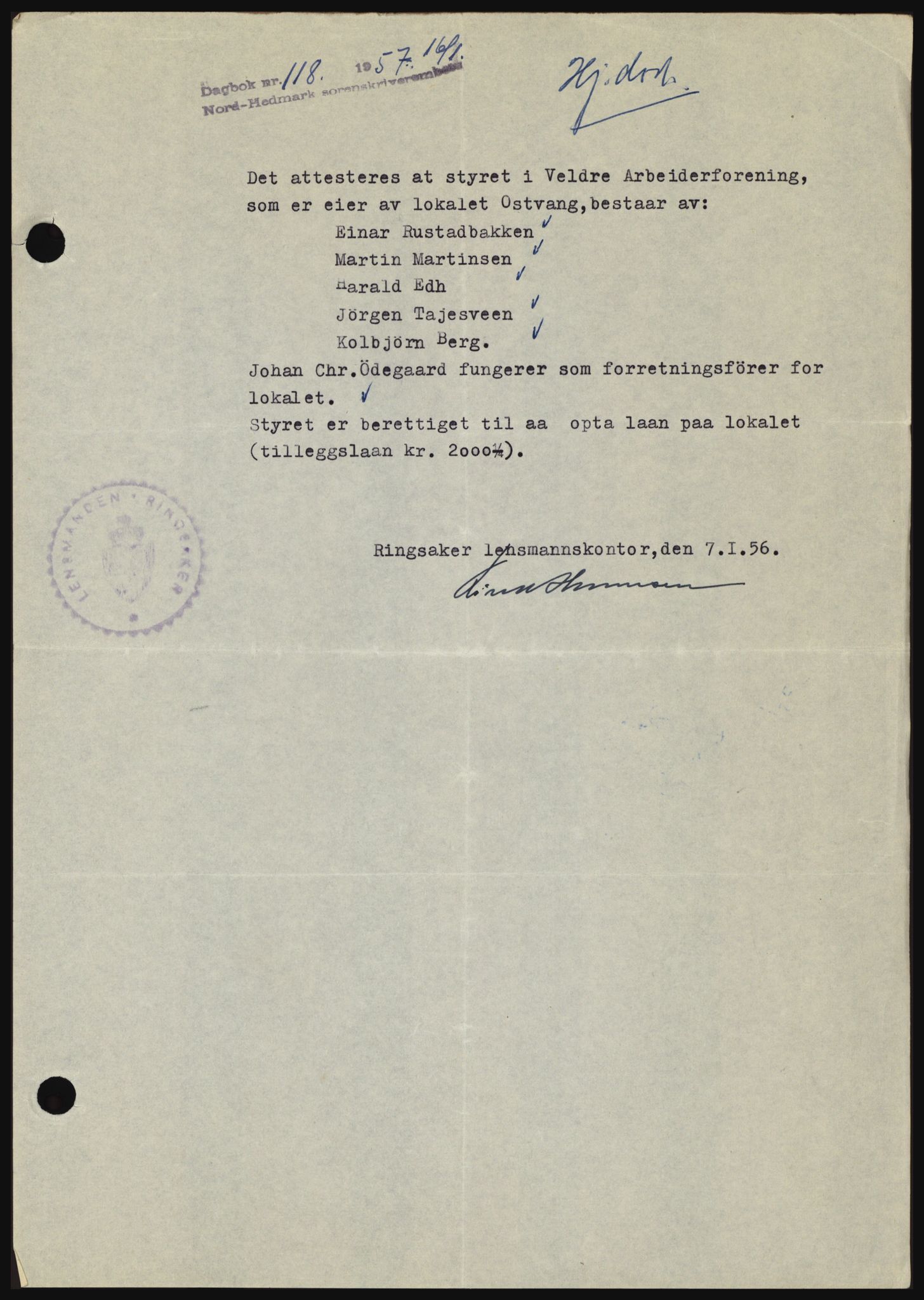 Nord-Hedmark sorenskriveri, SAH/TING-012/H/Hc/L0011: Pantebok nr. 11, 1956-1957, Dagboknr: 118/1957