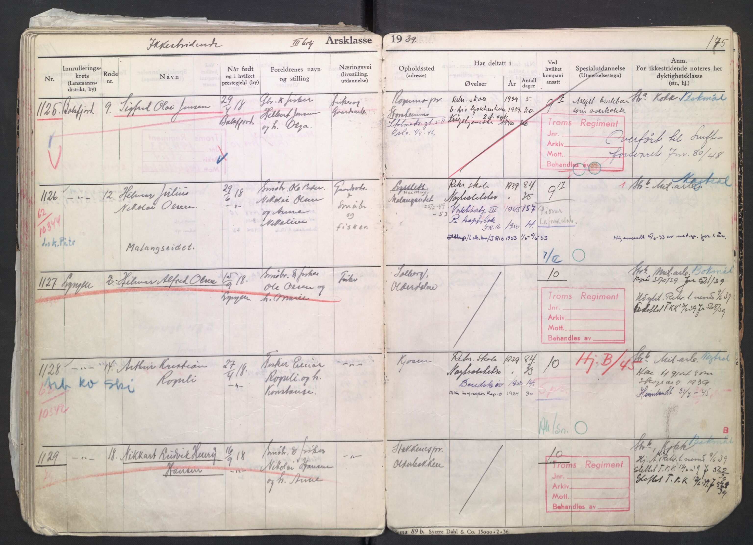 Forsvaret, Troms infanteriregiment nr. 16, AV/RA-RAFA-3146/P/Pa/L0007/0004: Ruller / Rulle for regimentets menige mannskaper, årsklasse 1939, 1939, s. 175