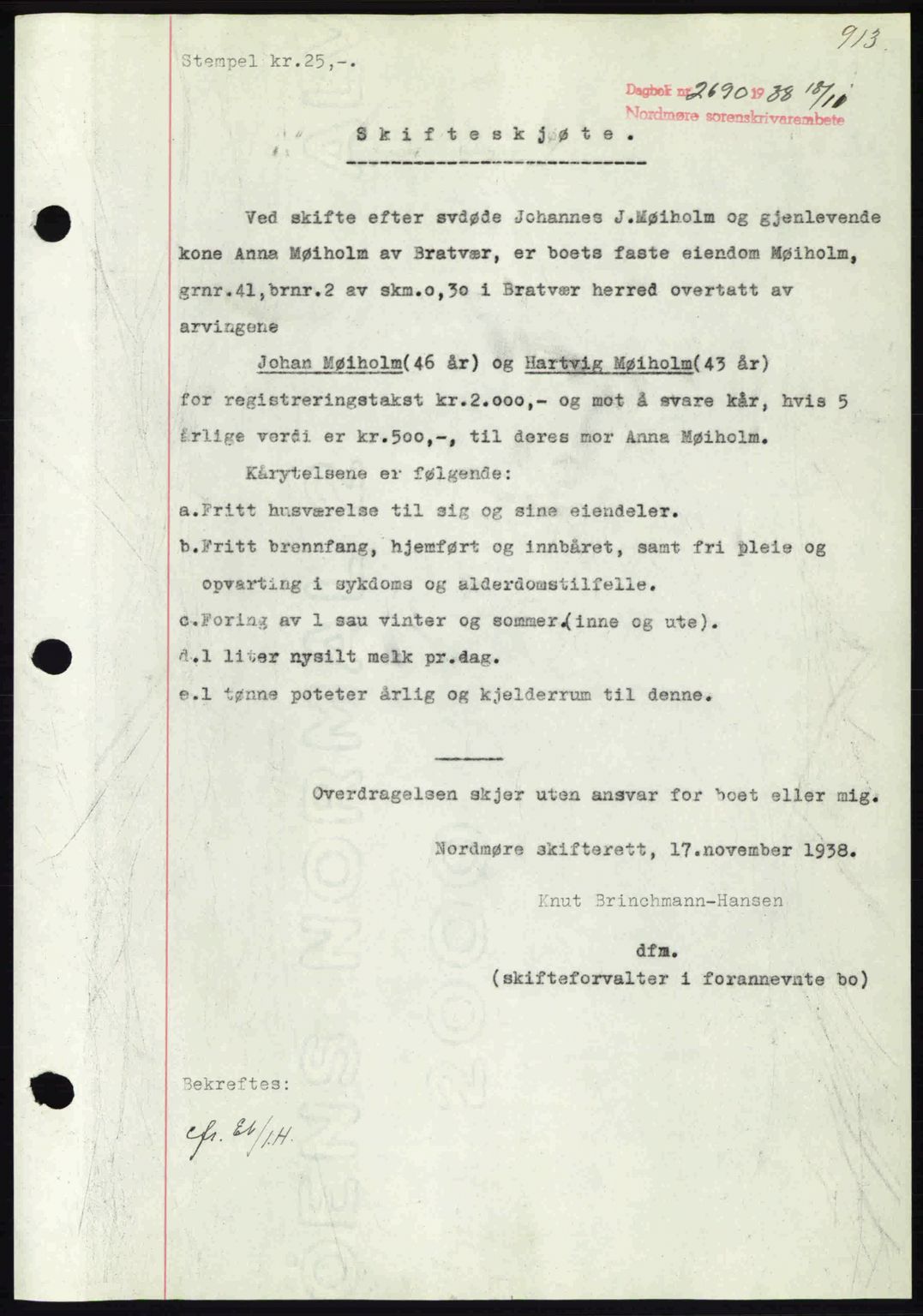 Nordmøre sorenskriveri, SAT/A-4132/1/2/2Ca: Pantebok nr. A84, 1938-1938, Dagboknr: 2690/1938