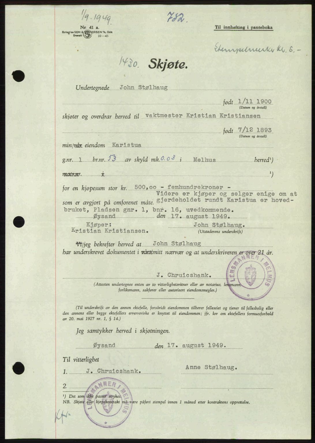 Gauldal sorenskriveri, SAT/A-0014/1/2/2C: Pantebok nr. A8, 1949-1949, Dagboknr: 1430/1949