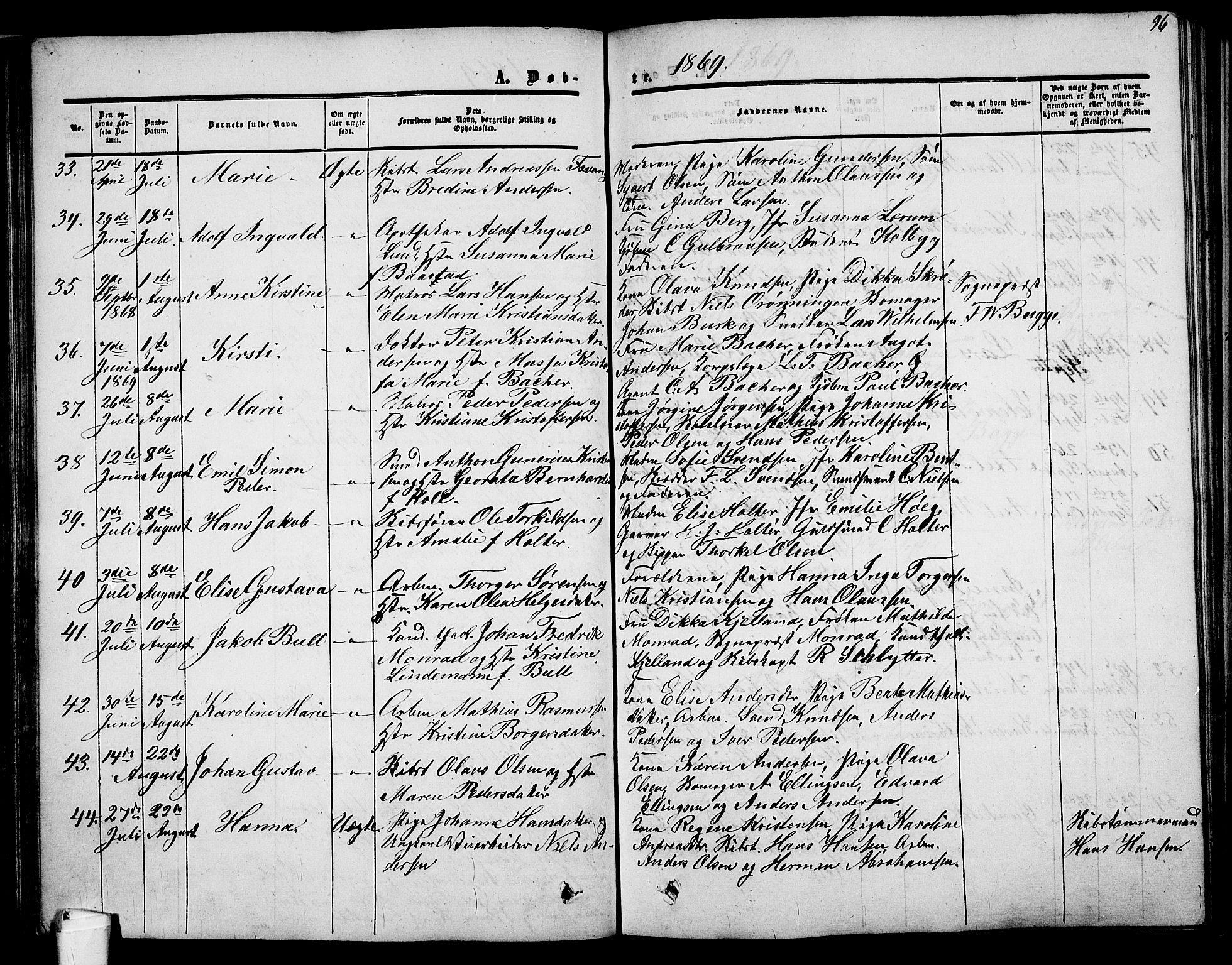 Holmestrand kirkebøker, AV/SAKO-A-346/G/Ga/L0003: Klokkerbok nr. 3, 1849-1874, s. 96