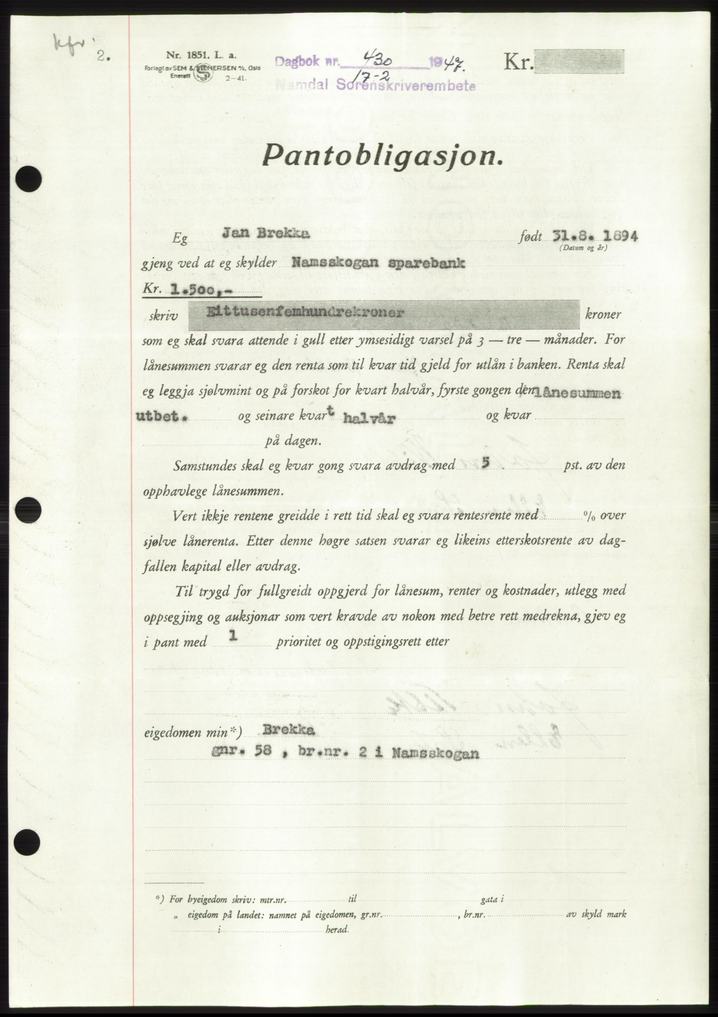 Namdal sorenskriveri, SAT/A-4133/1/2/2C: Pantebok nr. -, 1946-1947, Dagboknr: 430/1947
