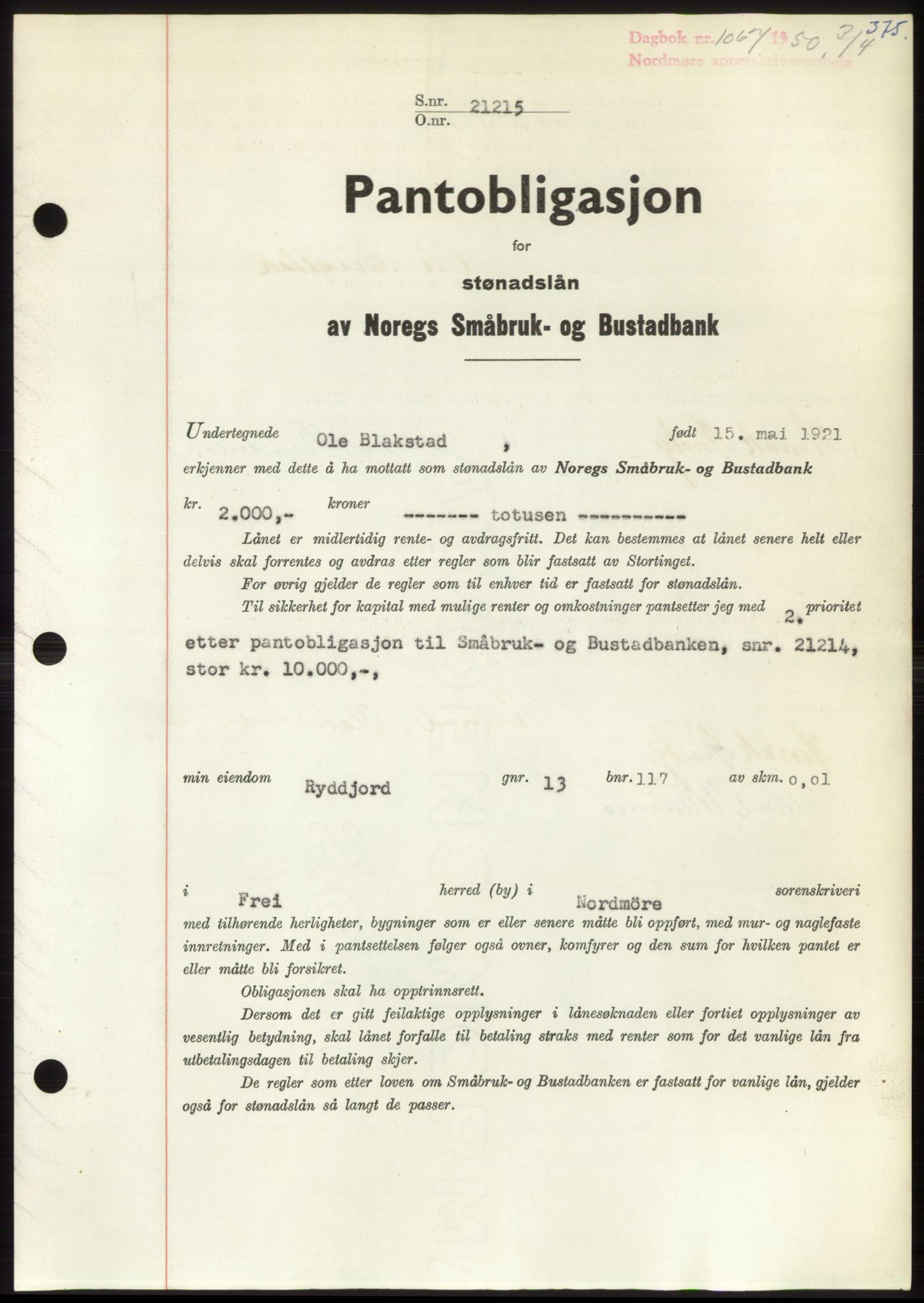 Nordmøre sorenskriveri, SAT/A-4132/1/2/2Ca: Pantebok nr. B104, 1950-1950, Dagboknr: 1067/1950