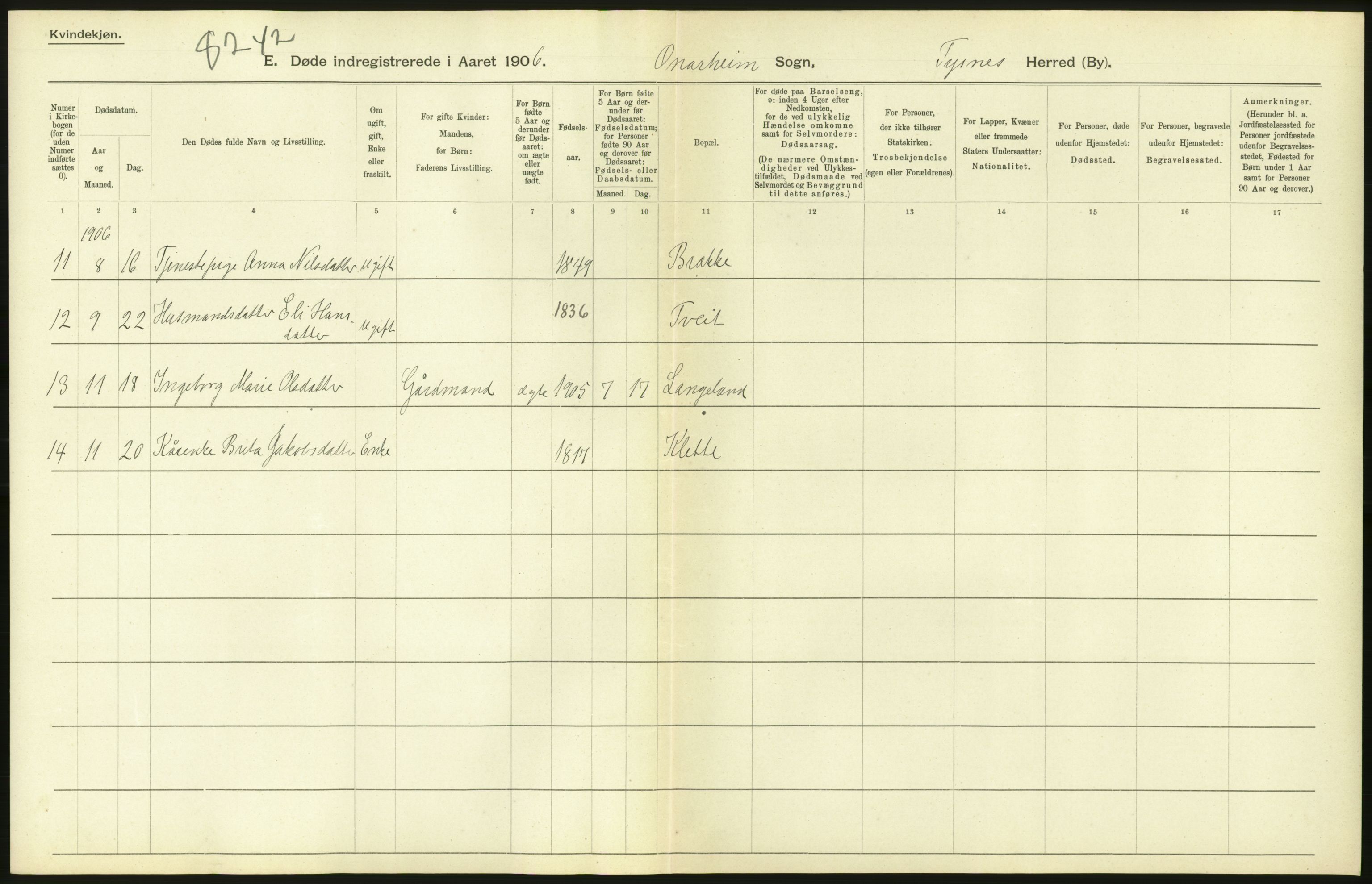 Statistisk sentralbyrå, Sosiodemografiske emner, Befolkning, AV/RA-S-2228/D/Df/Dfa/Dfad/L0030: S. Bergenhus amt: Døde. Bygder., 1906, s. 16