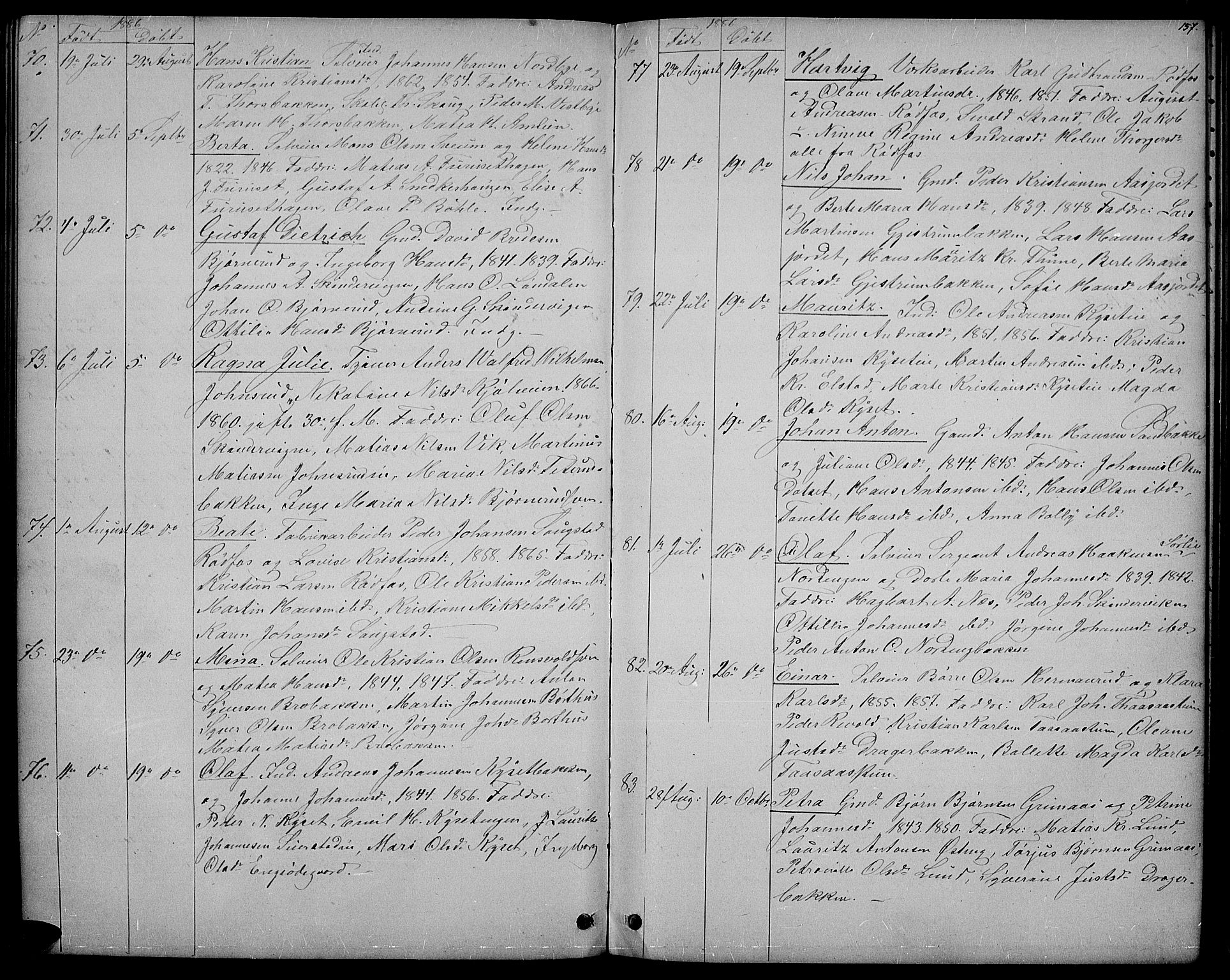 Vestre Toten prestekontor, AV/SAH-PREST-108/H/Ha/Hab/L0006: Klokkerbok nr. 6, 1870-1887, s. 157