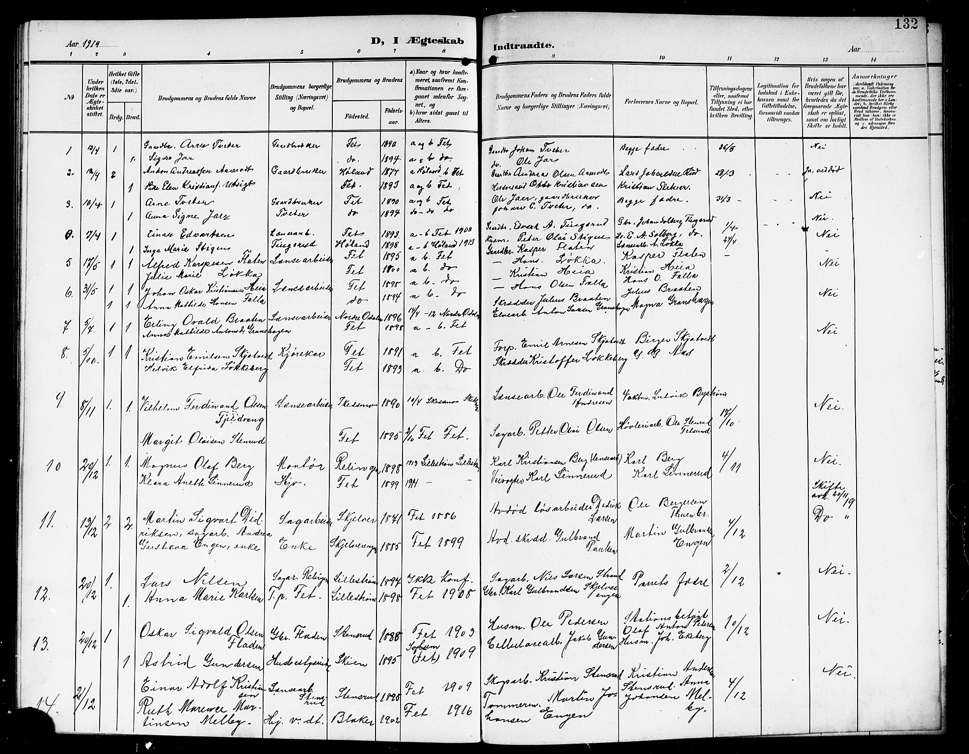Fet prestekontor Kirkebøker, AV/SAO-A-10370a/G/Ga/L0008: Klokkerbok nr. I 8, 1907-1920, s. 132