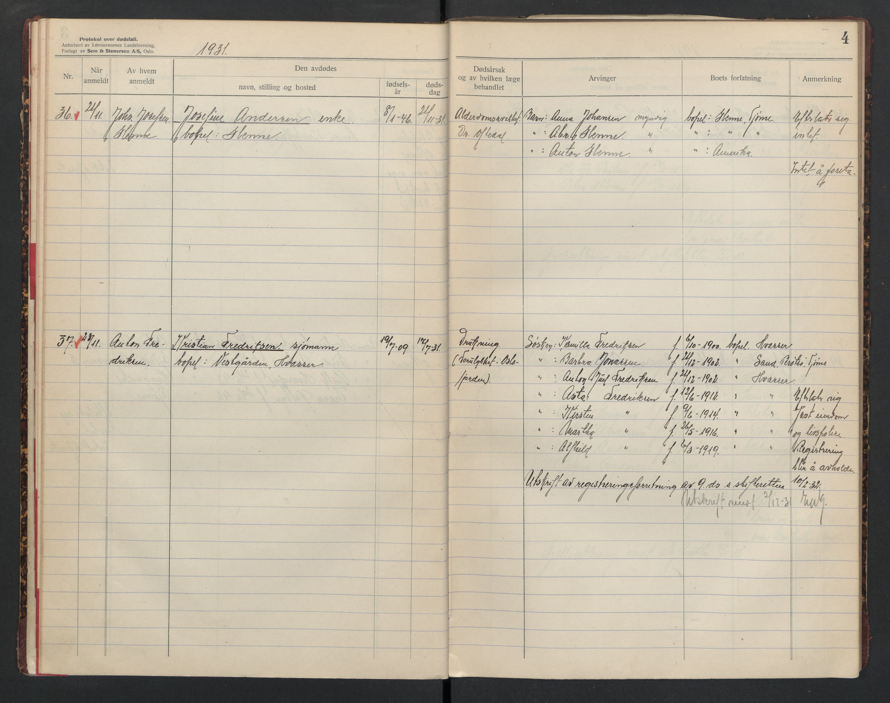 Tjøme lensmannskontor, AV/SAKO-A-55/H/Ha/L0001: Dødsfallsprotokoll, 1931-1936, s. 4
