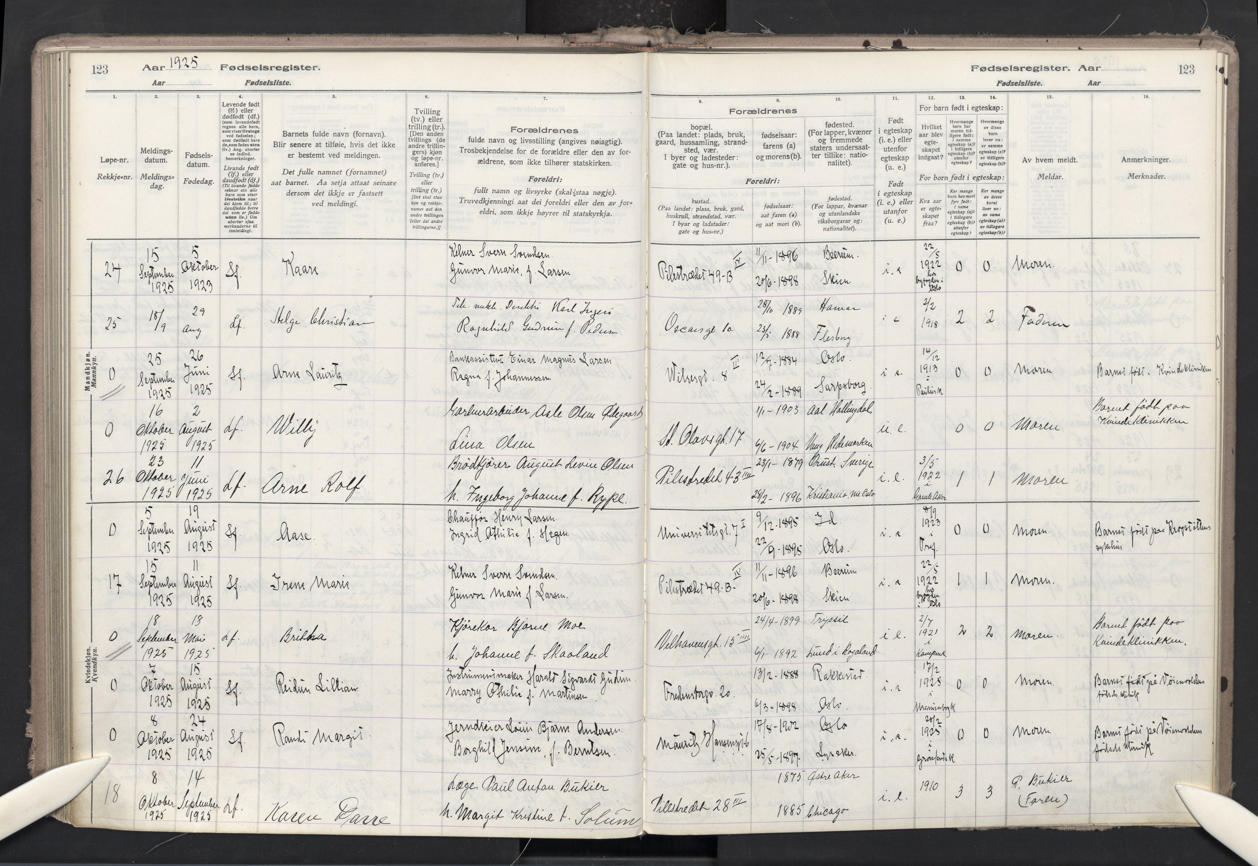 Trefoldighet prestekontor Kirkebøker, AV/SAO-A-10882/J/Ja/L0001: Fødselsregister nr. 1, 1916-1931, s. 123