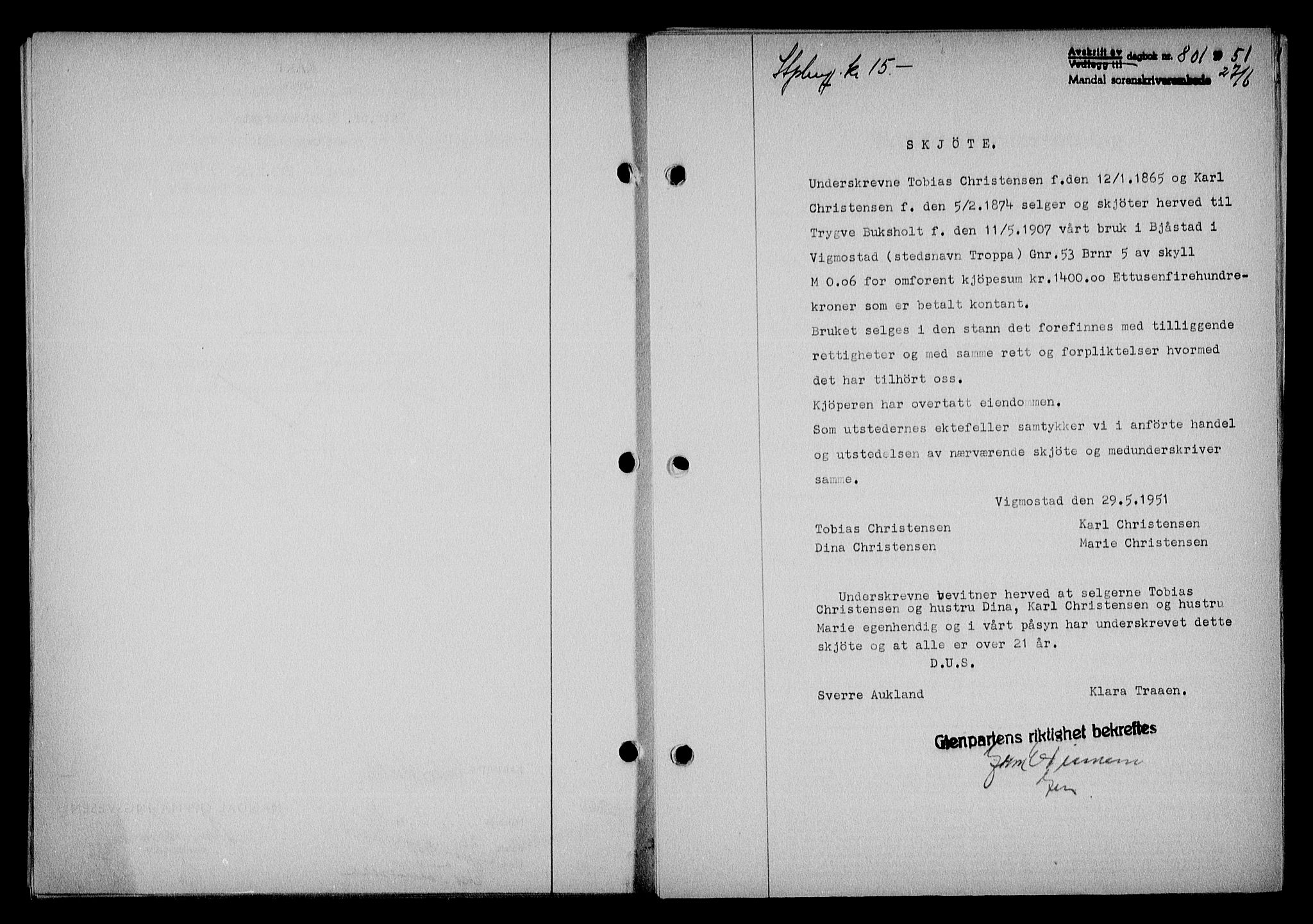Mandal sorenskriveri, SAK/1221-0005/001/G/Gb/Gba/L0084: Pantebok nr. A-21, 1951-1951, Dagboknr: 801/1951