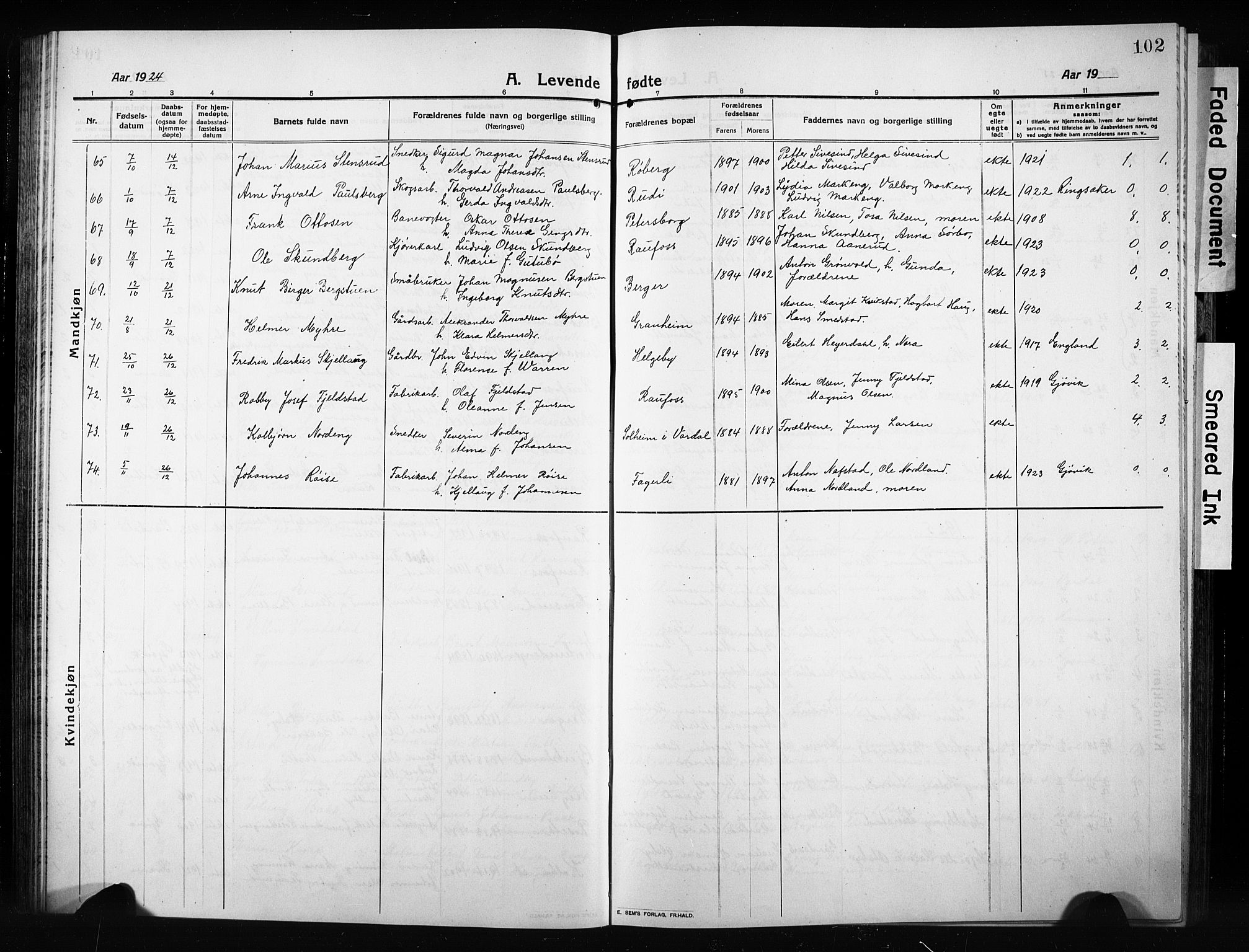 Vestre Toten prestekontor, AV/SAH-PREST-108/H/Ha/Hab/L0012: Klokkerbok nr. 12, 1909-1928, s. 102