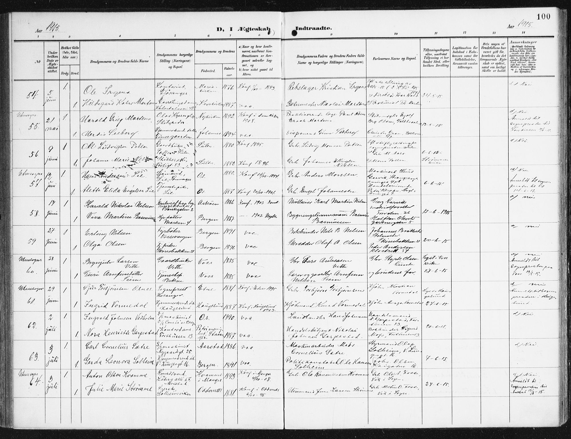 Domkirken sokneprestembete, AV/SAB-A-74801/H/Haa/L0038: Ministerialbok nr. D 5, 1906-1921, s. 100