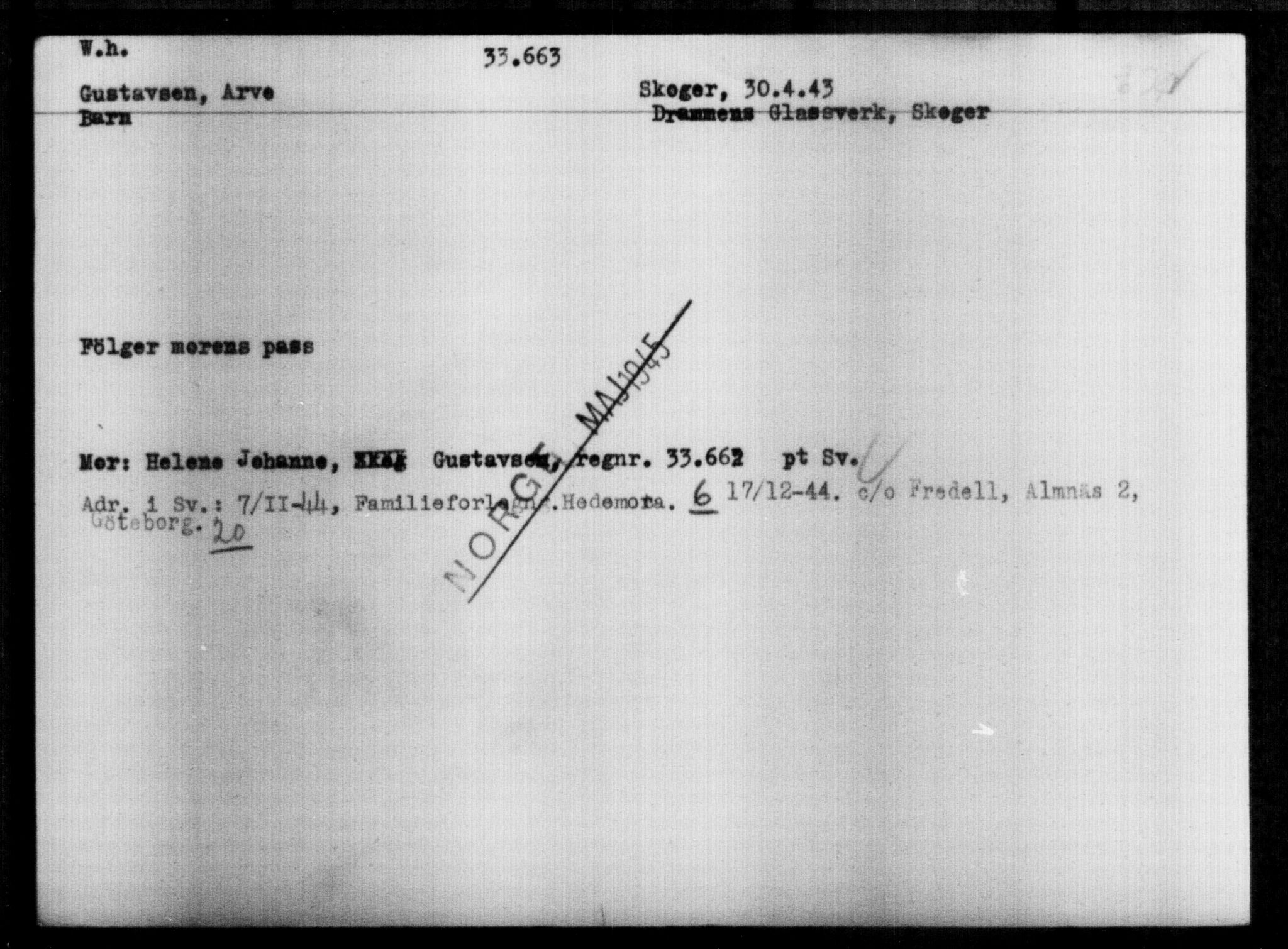 Utenriksstasjonene, Legasjonen i Stockholm, Flyktningkontoret, AV/RA-S-6753/V/Va/L0013: Kjesäterkartoteket, flyktninger med registreringsnr. 31500-34731, 1940-1945, s. 2282