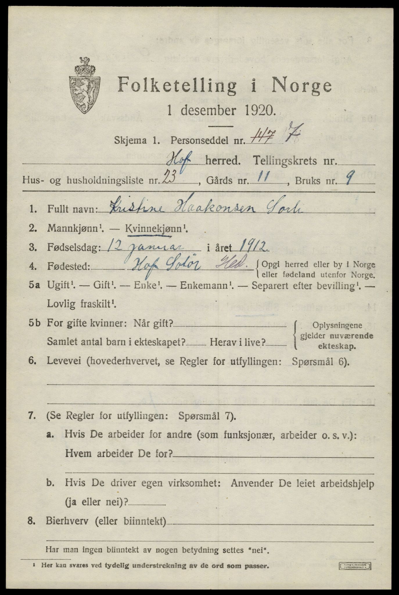 SAH, Folketelling 1920 for 0424 Hof herred, 1920, s. 1559