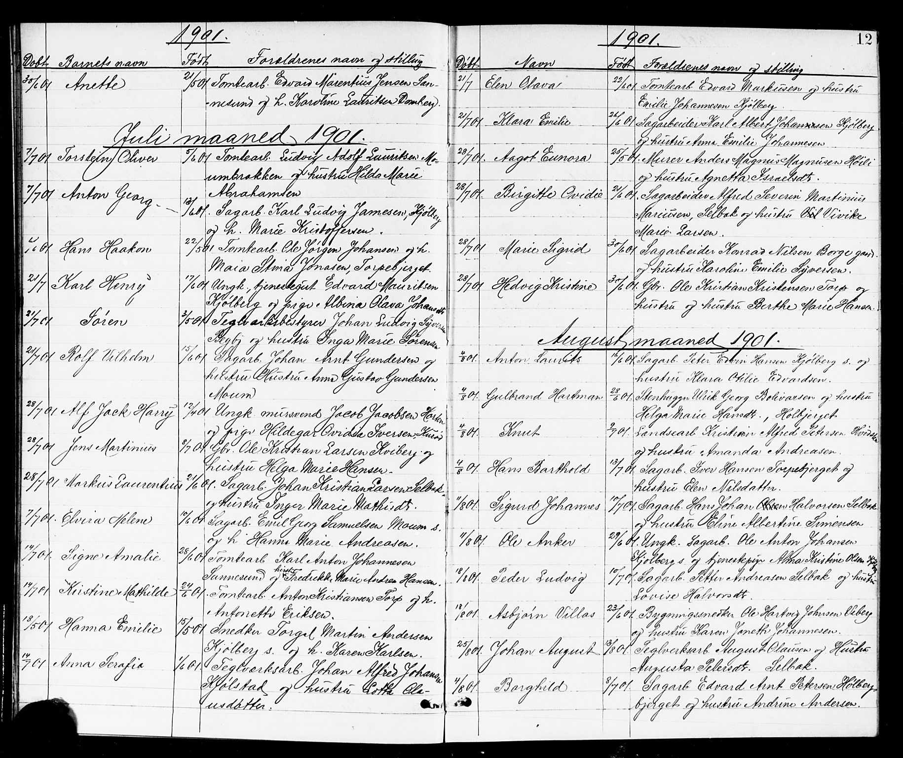Borge prestekontor Kirkebøker, AV/SAO-A-10903/G/Ga/L0002: Klokkerbok nr. I 2, 1875-1923, s. 12