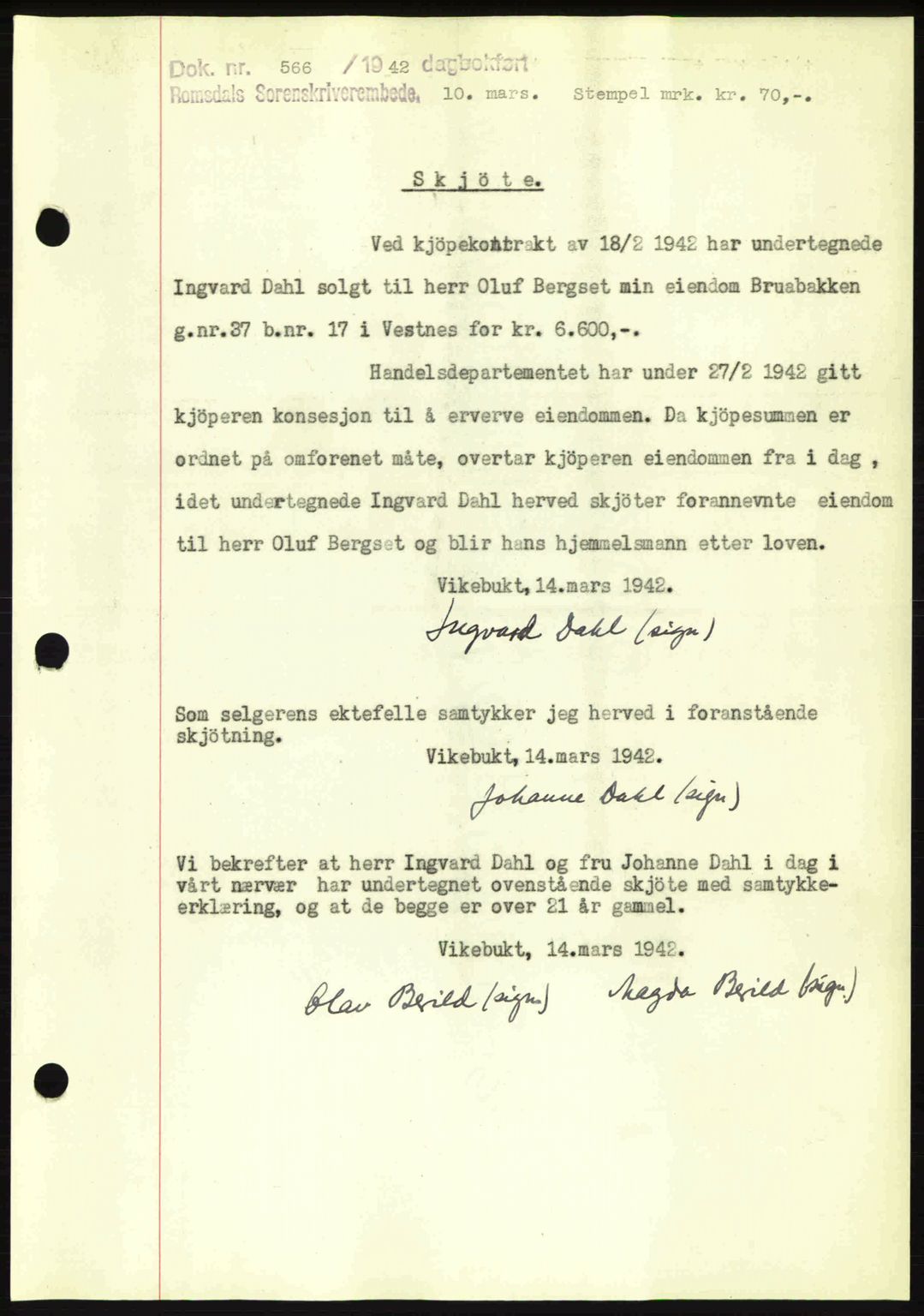 Romsdal sorenskriveri, SAT/A-4149/1/2/2C: Pantebok nr. A12, 1942-1942, Dagboknr: 566/1942