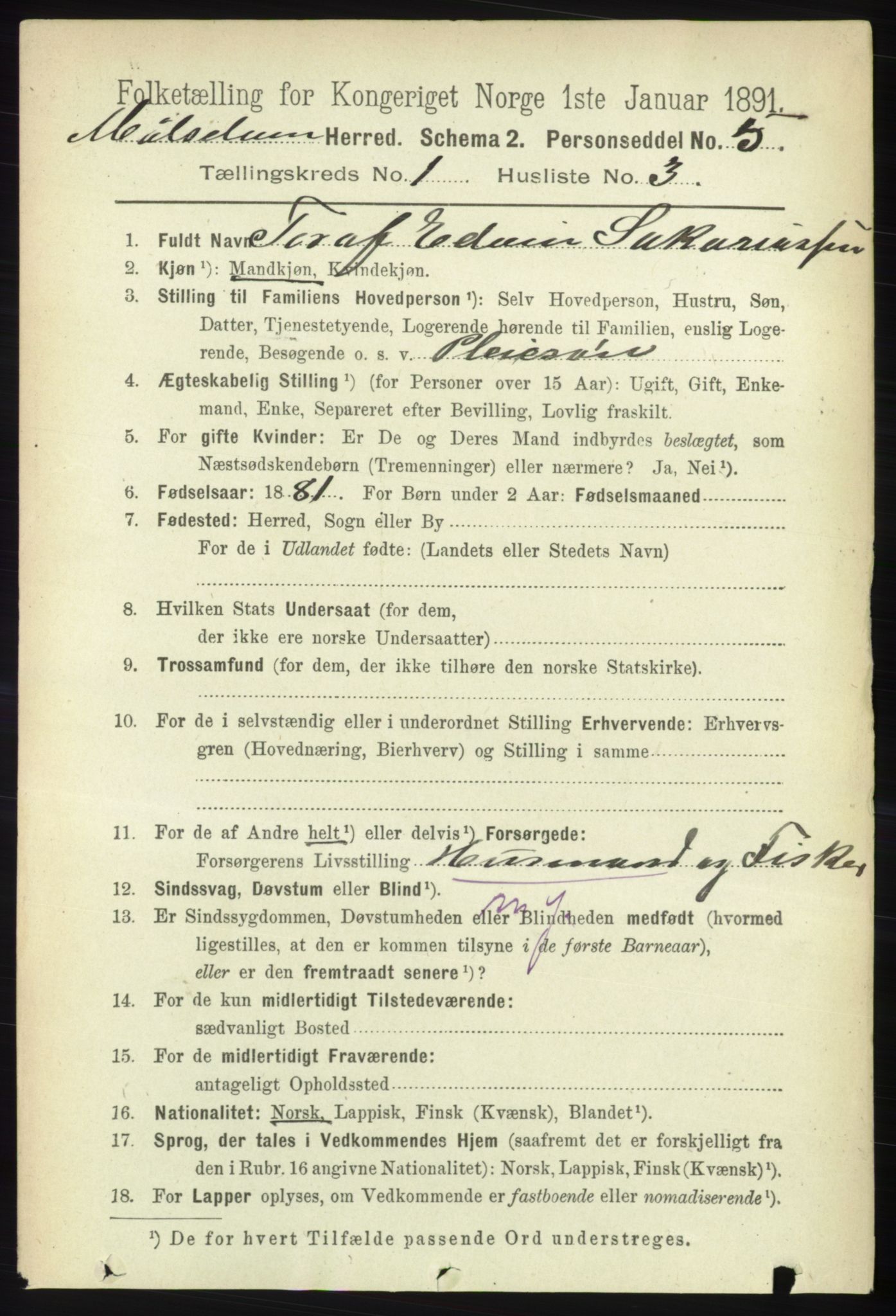 RA, Folketelling 1891 for 1924 Målselv herred, 1891, s. 84