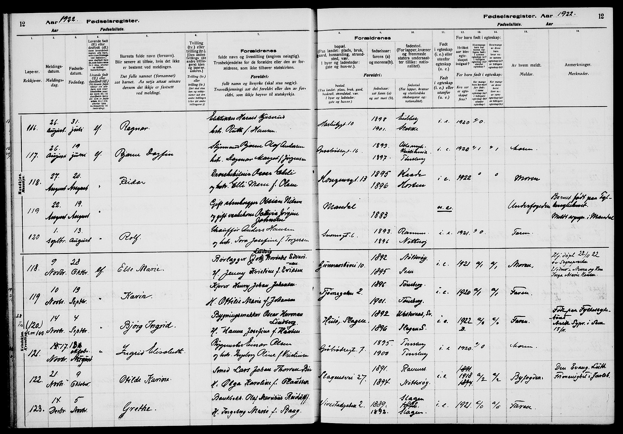 Tønsberg kirkebøker, AV/SAKO-A-330/J/Ja/L0002: Fødselsregister nr. 2, 1922-1928, s. 12