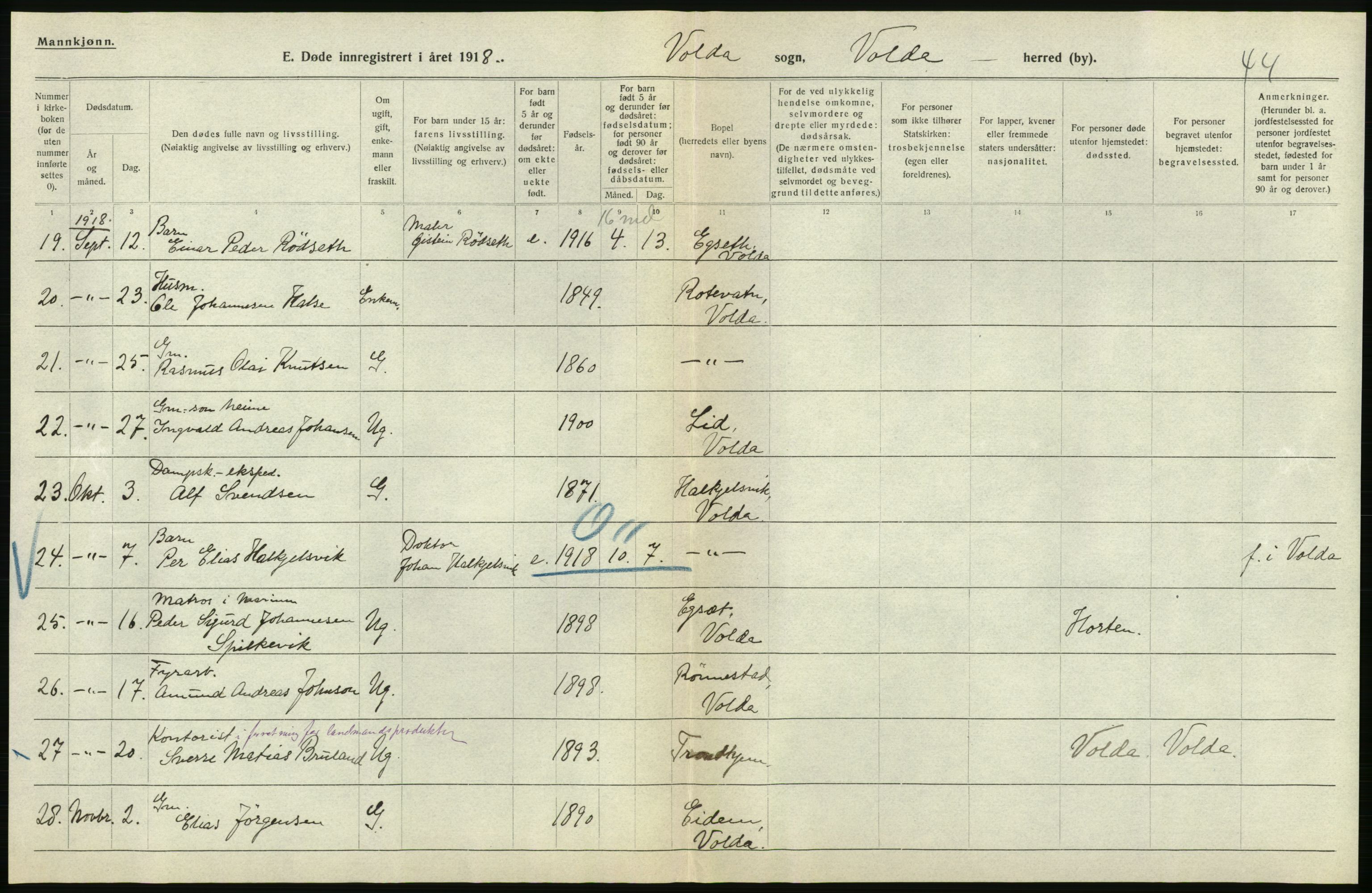 Statistisk sentralbyrå, Sosiodemografiske emner, Befolkning, AV/RA-S-2228/D/Df/Dfb/Dfbh/L0045: Møre fylke: Døde. Bygder og byer., 1918, s. 326