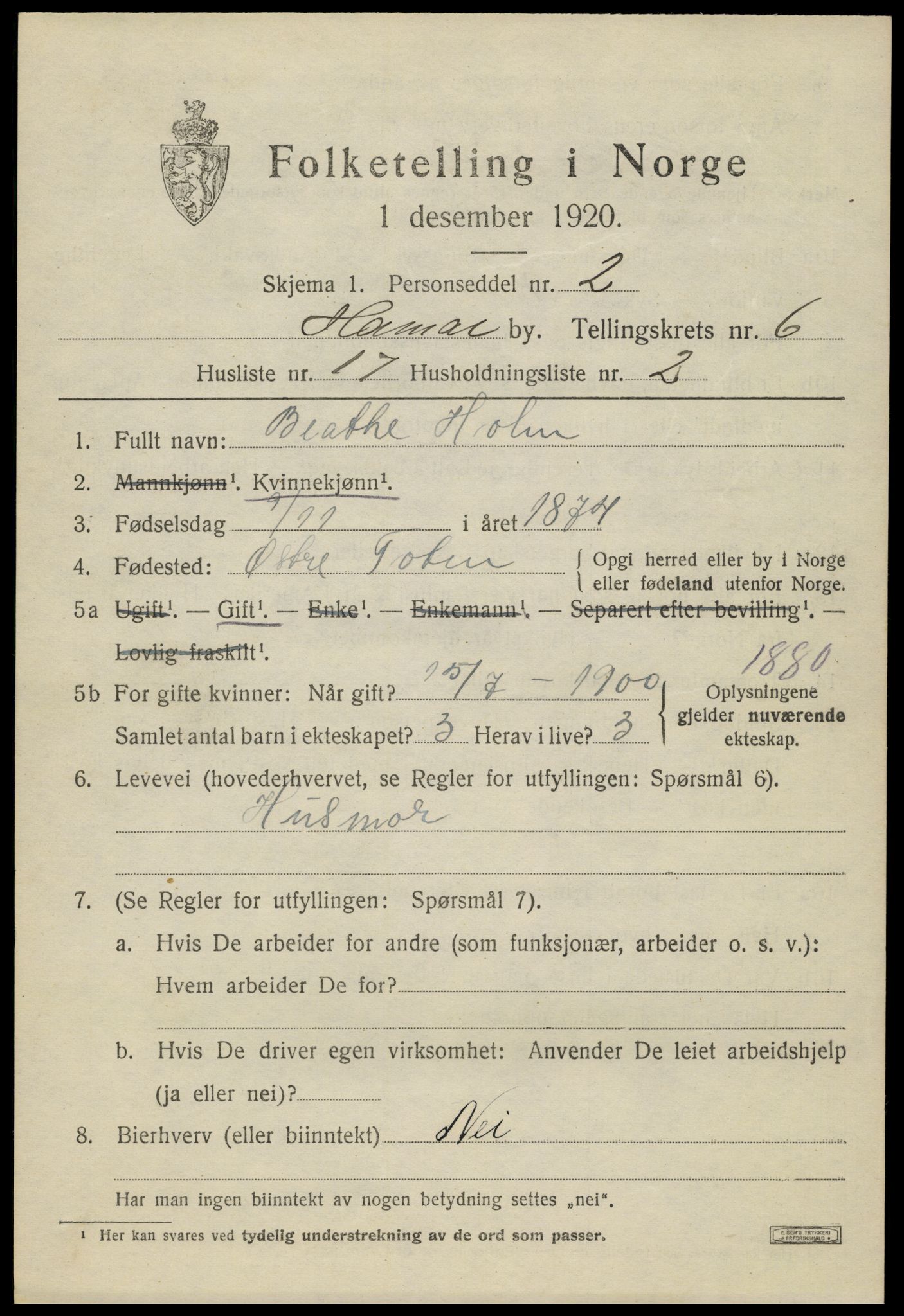 SAH, Folketelling 1920 for 0401 Hamar kjøpstad, 1920, s. 11423