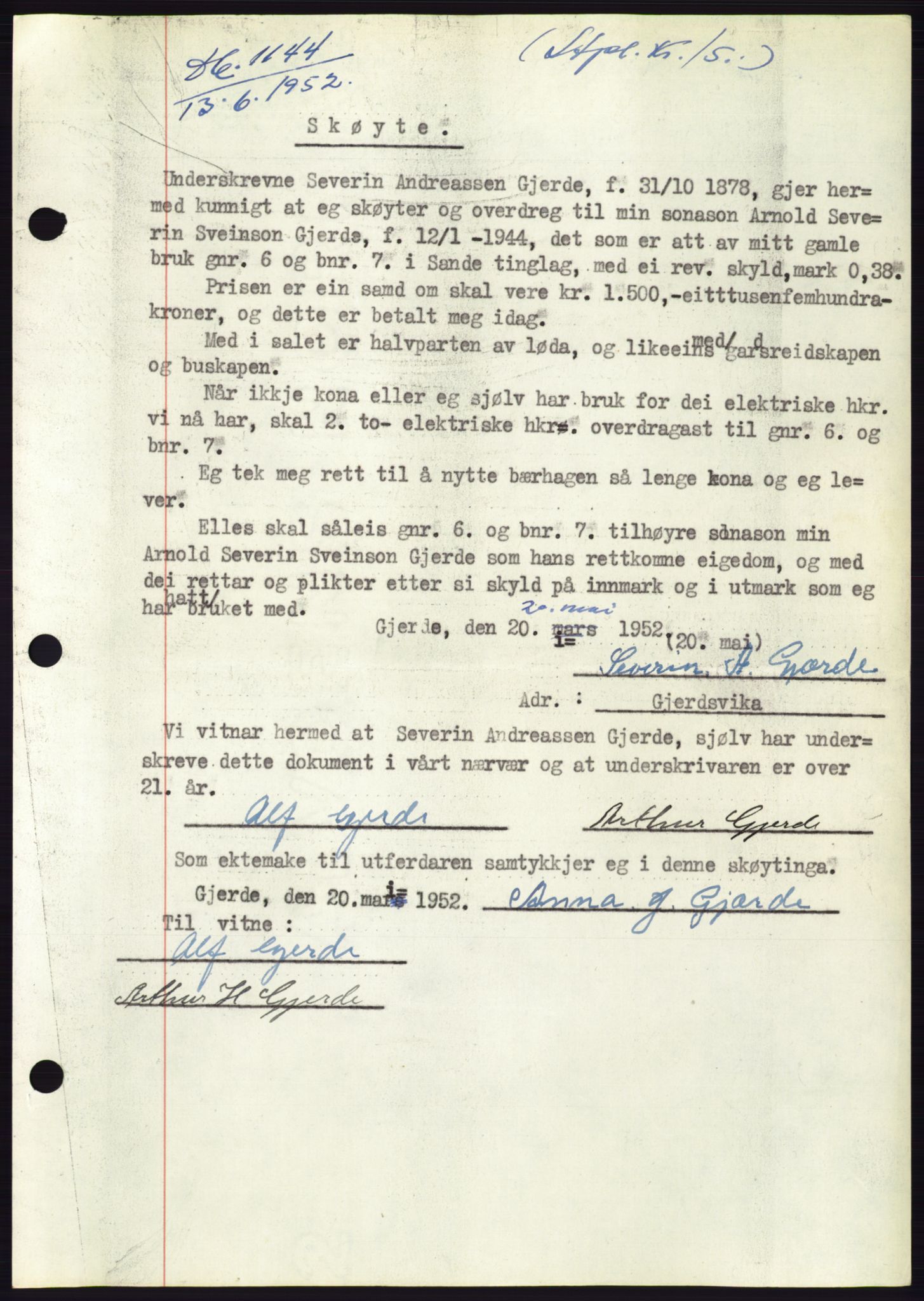 Søre Sunnmøre sorenskriveri, AV/SAT-A-4122/1/2/2C/L0092: Pantebok nr. 18A, 1952-1952, Dagboknr: 1144/1952