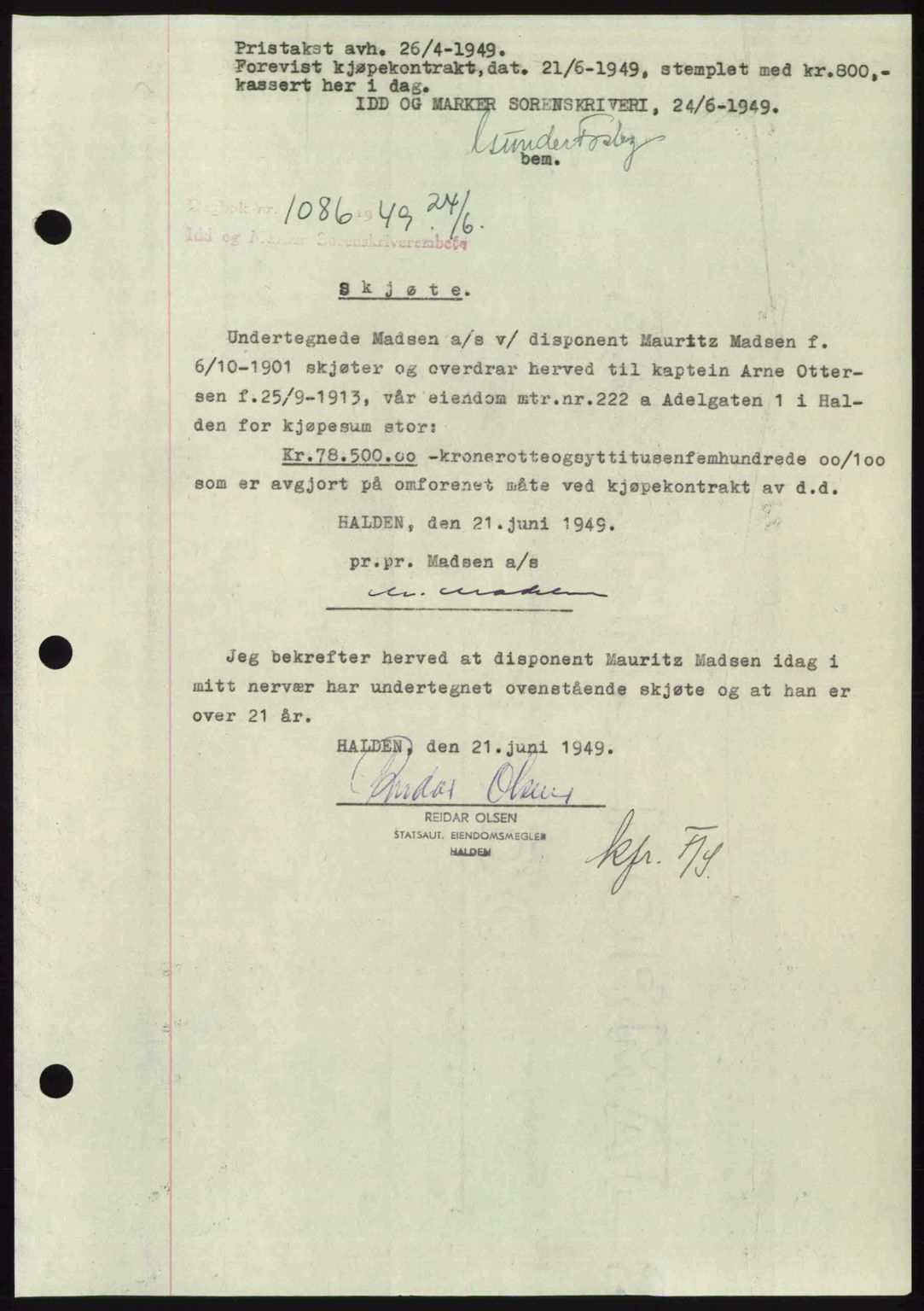 Idd og Marker sorenskriveri, SAO/A-10283/G/Gb/Gbb/L0012: Pantebok nr. A12, 1949-1949, Dagboknr: 1086/1949